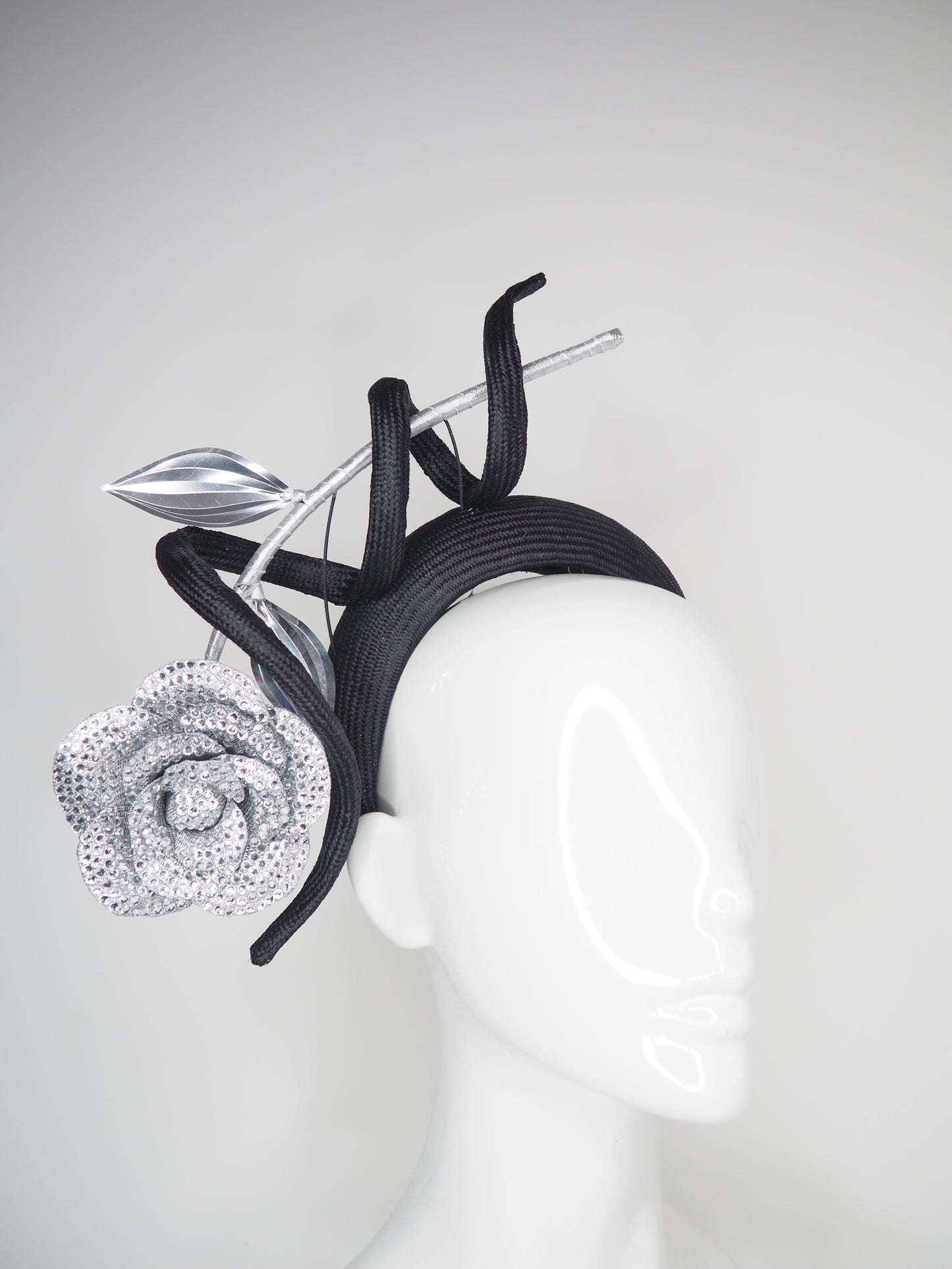 Sparkle and swirl - Embellished silver straw rose vine with black parisial swirl on a 3d headband