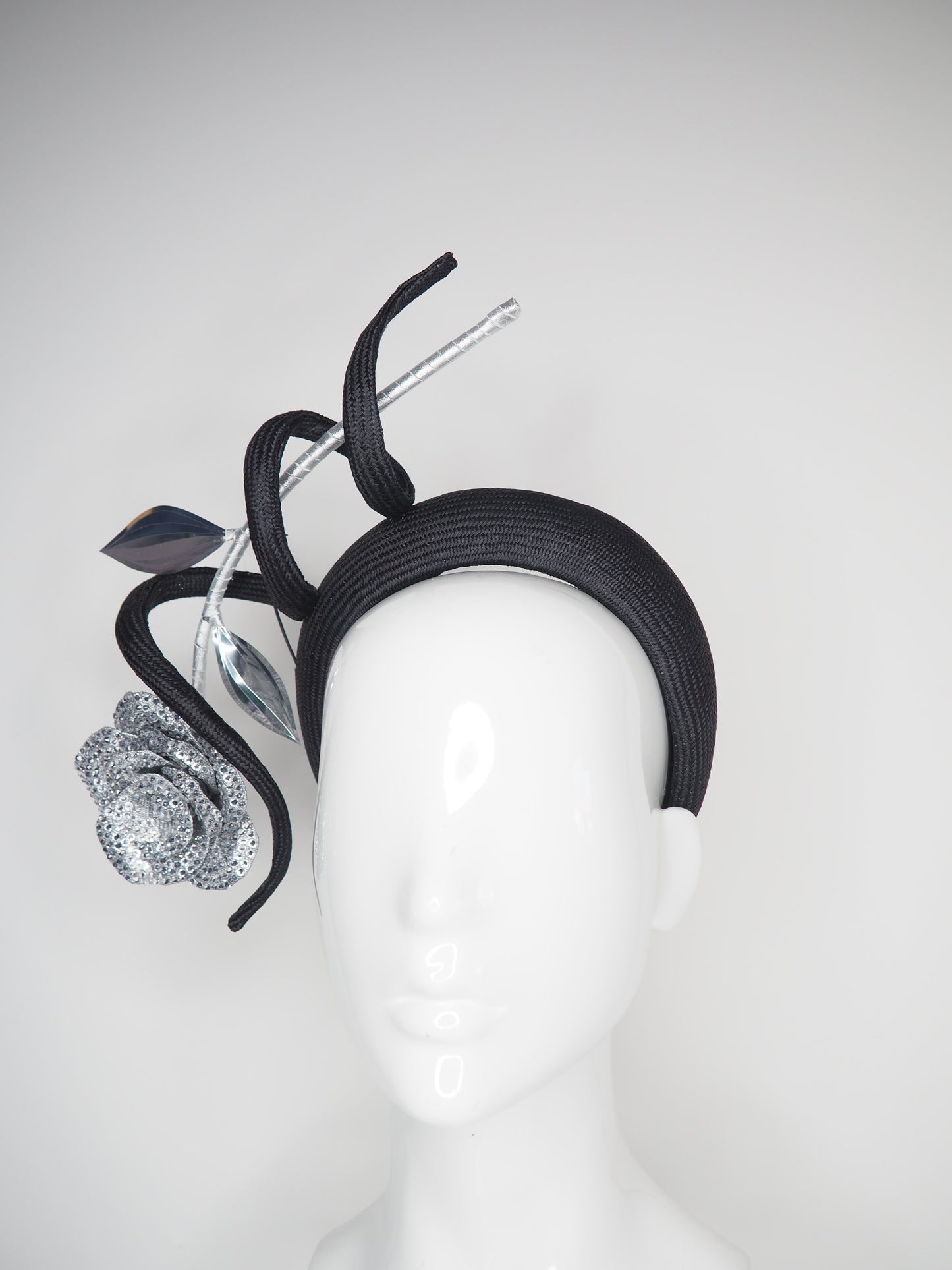 Sparkle and swirl - Embellished silver straw rose vine with black parisial swirl on a 3d headband