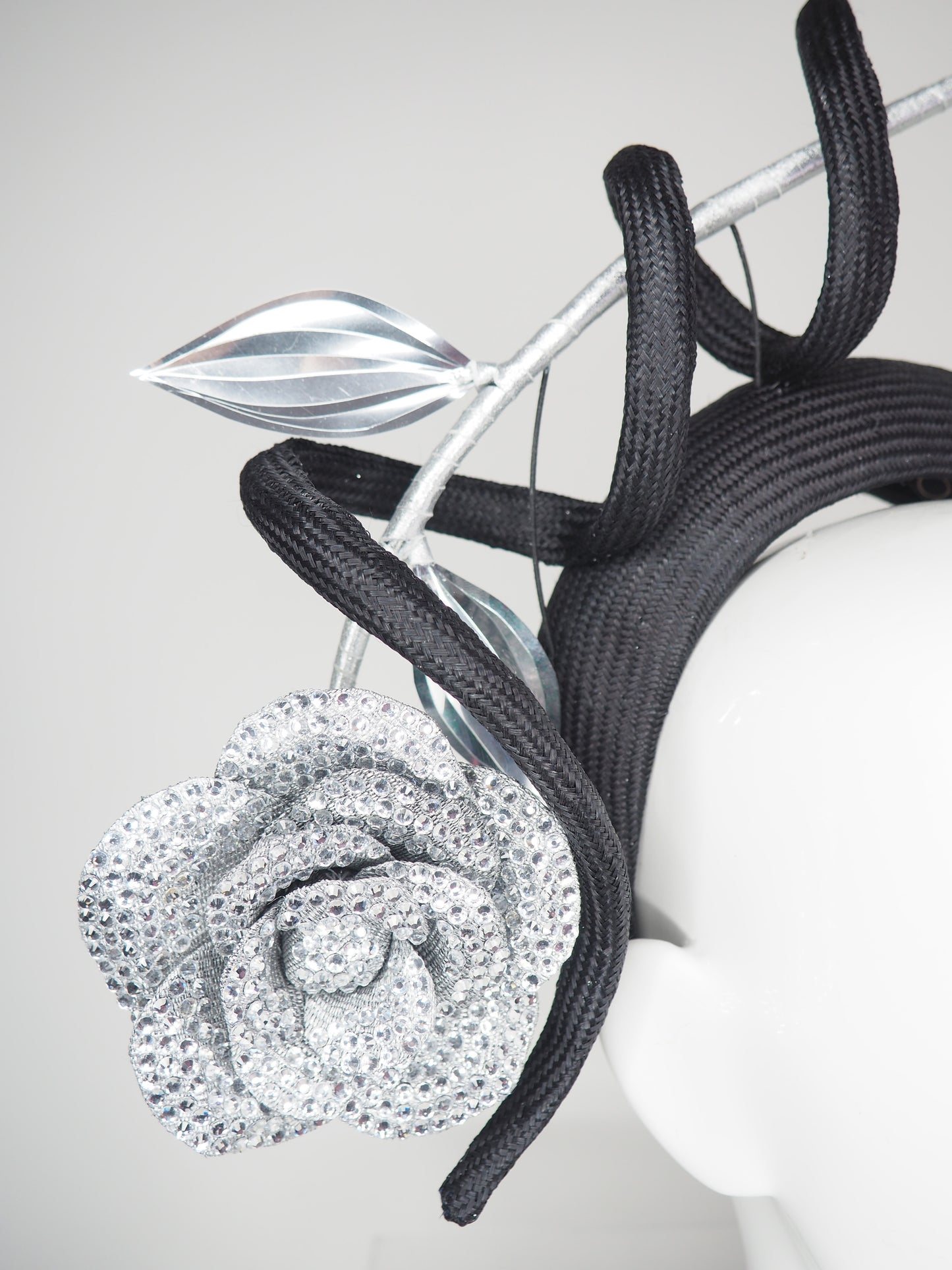 Sparkle and swirl - Embellished silver straw rose vine with black parisial swirl on a 3d headband