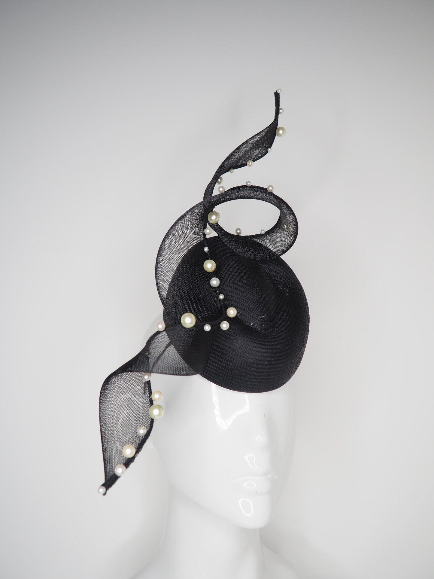 Derby spot - Black pork pie pillbox with pearl edged crinoline swirl