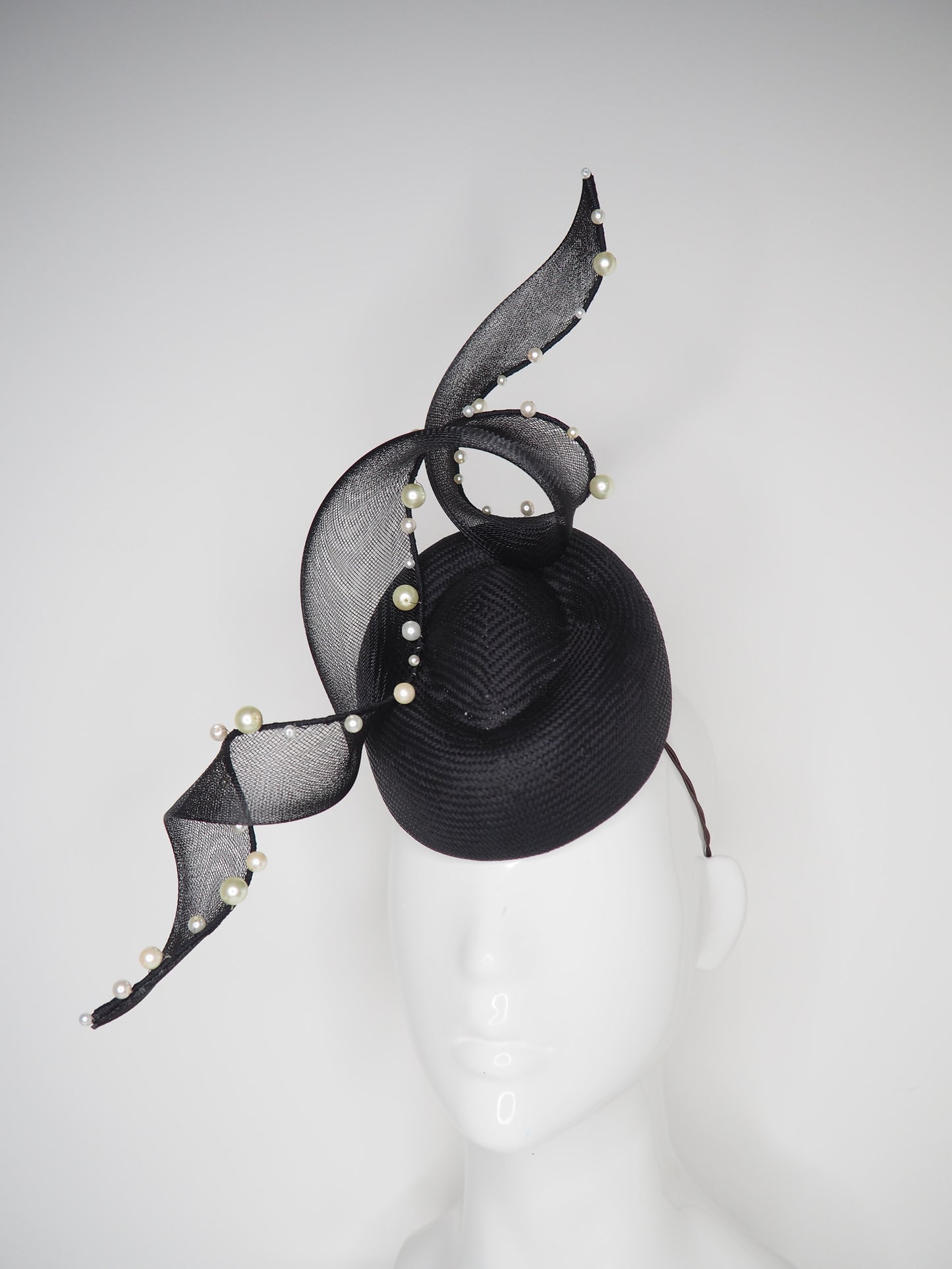 Derby spot - Black pork pie pillbox with pearl edged crinoline swirl