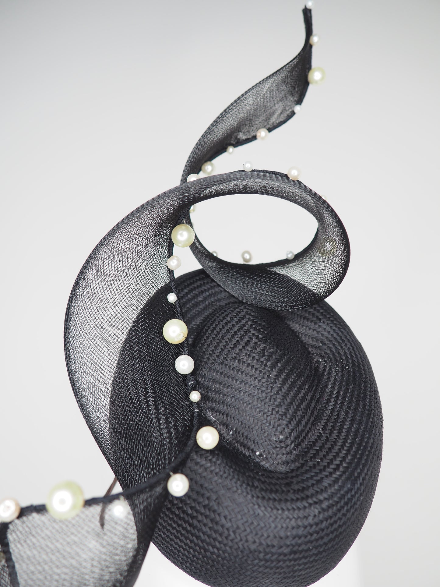 Derby spot - Black pork pie pillbox with pearl edged crinoline swirl