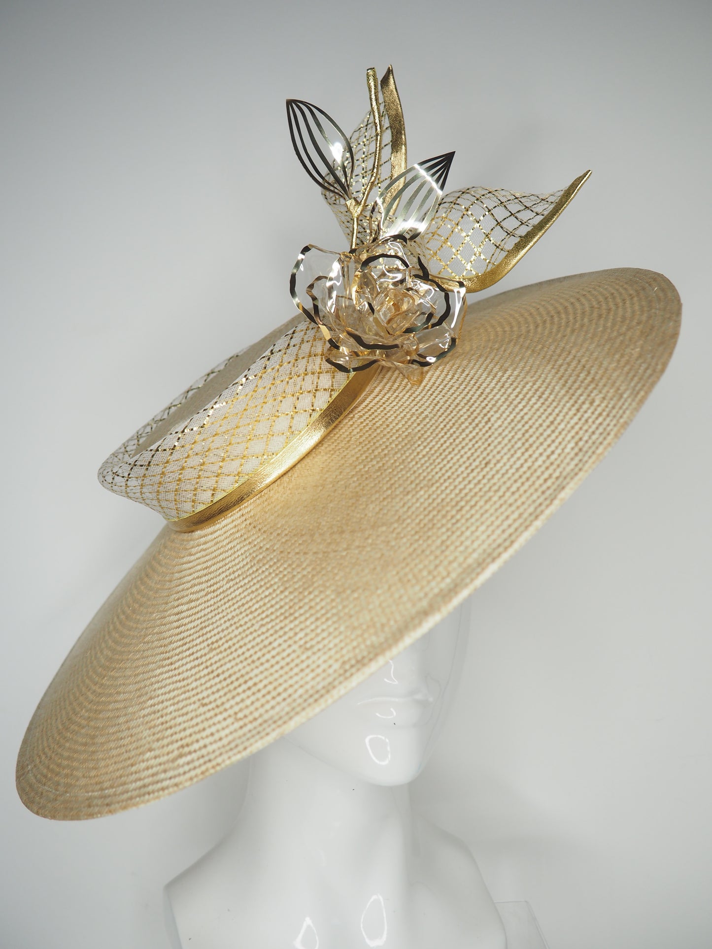 Golden Glimmer - Natural straw slanted brim boater with gold crystoform rose and crinoline trim.