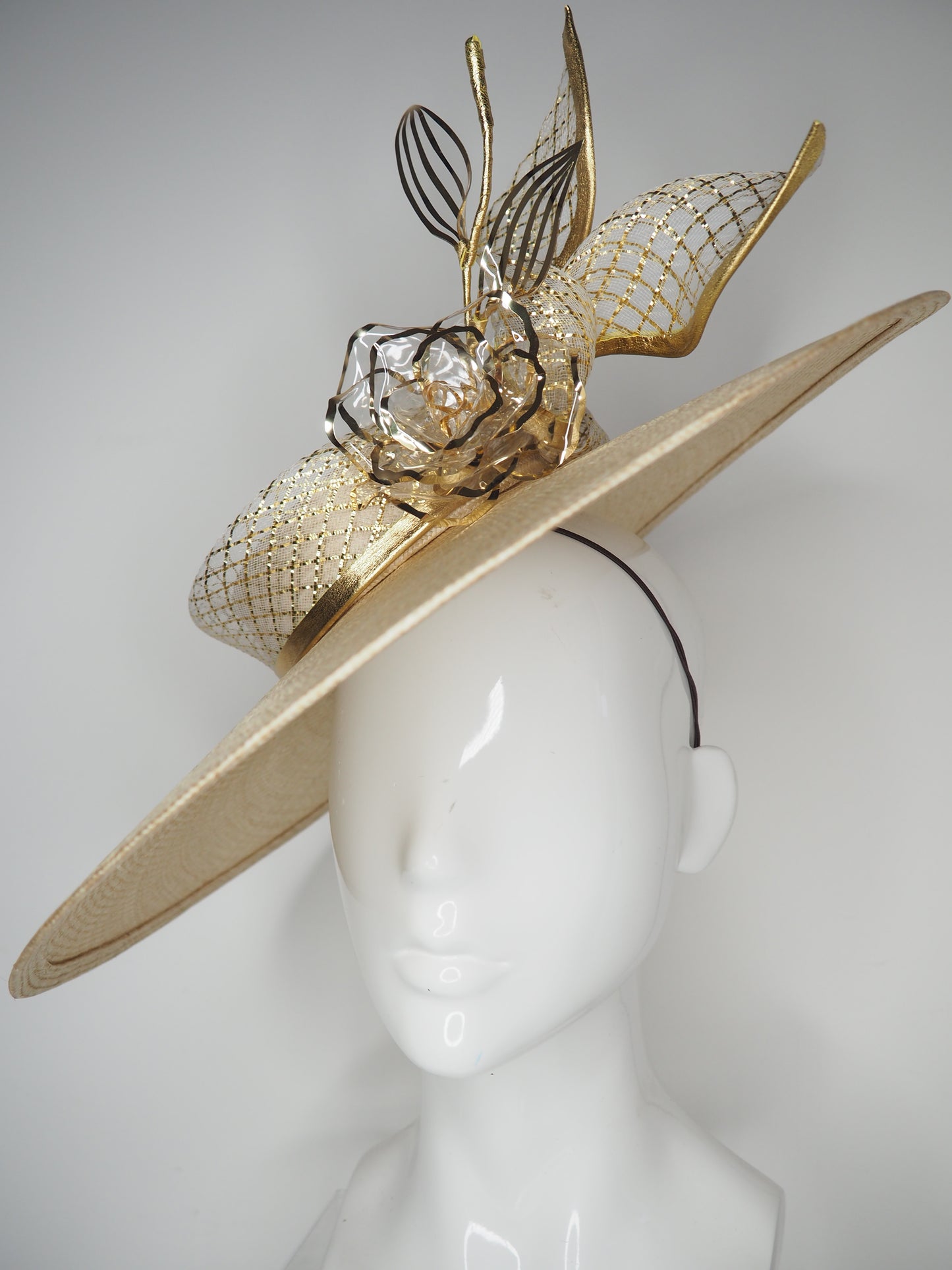 Golden Glimmer - Natural straw slanted brim boater with gold crystoform rose and crinoline trim.