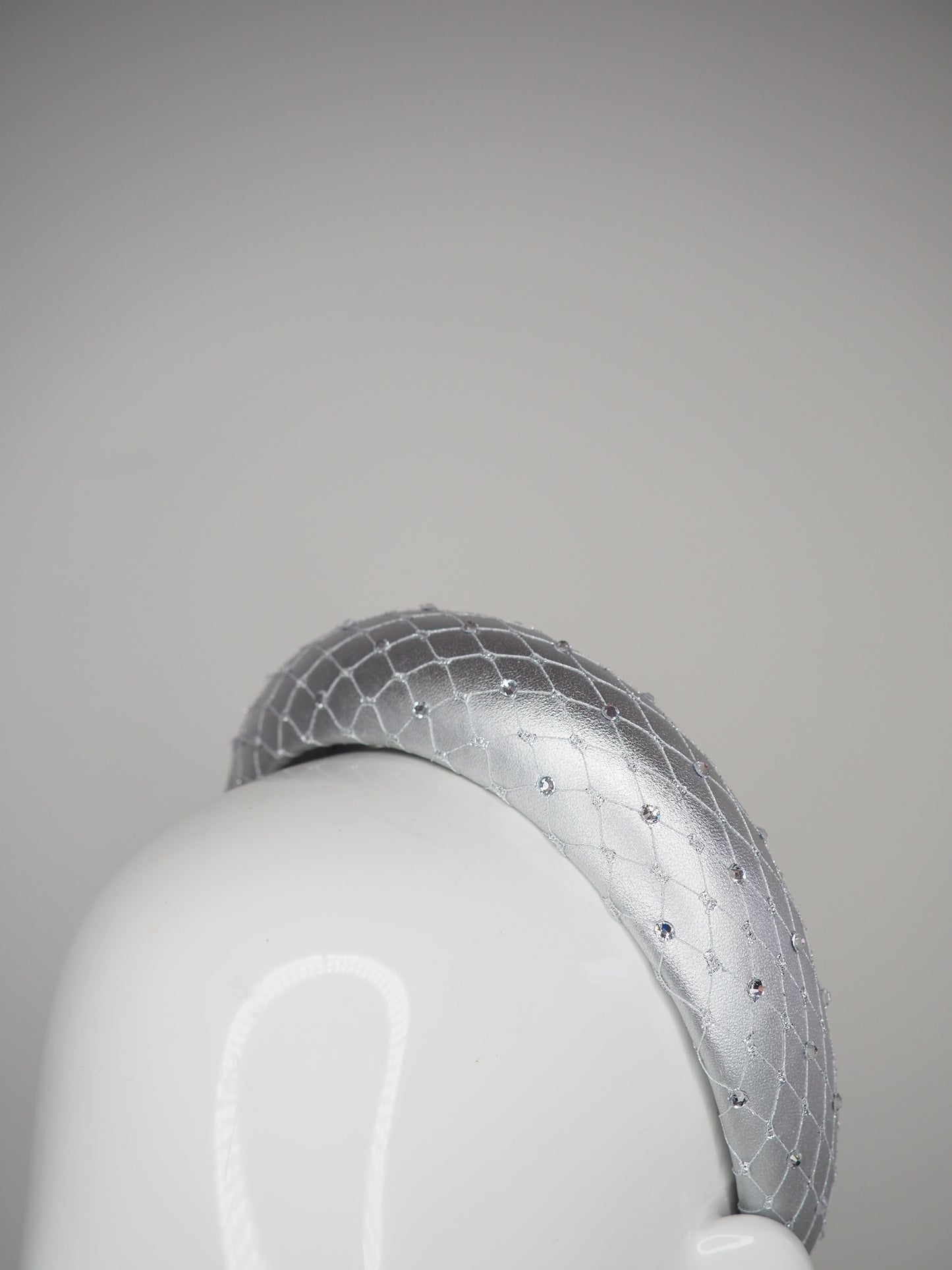 Mimi - Silver - Leather petite 3d headband with veil and crystal detail
