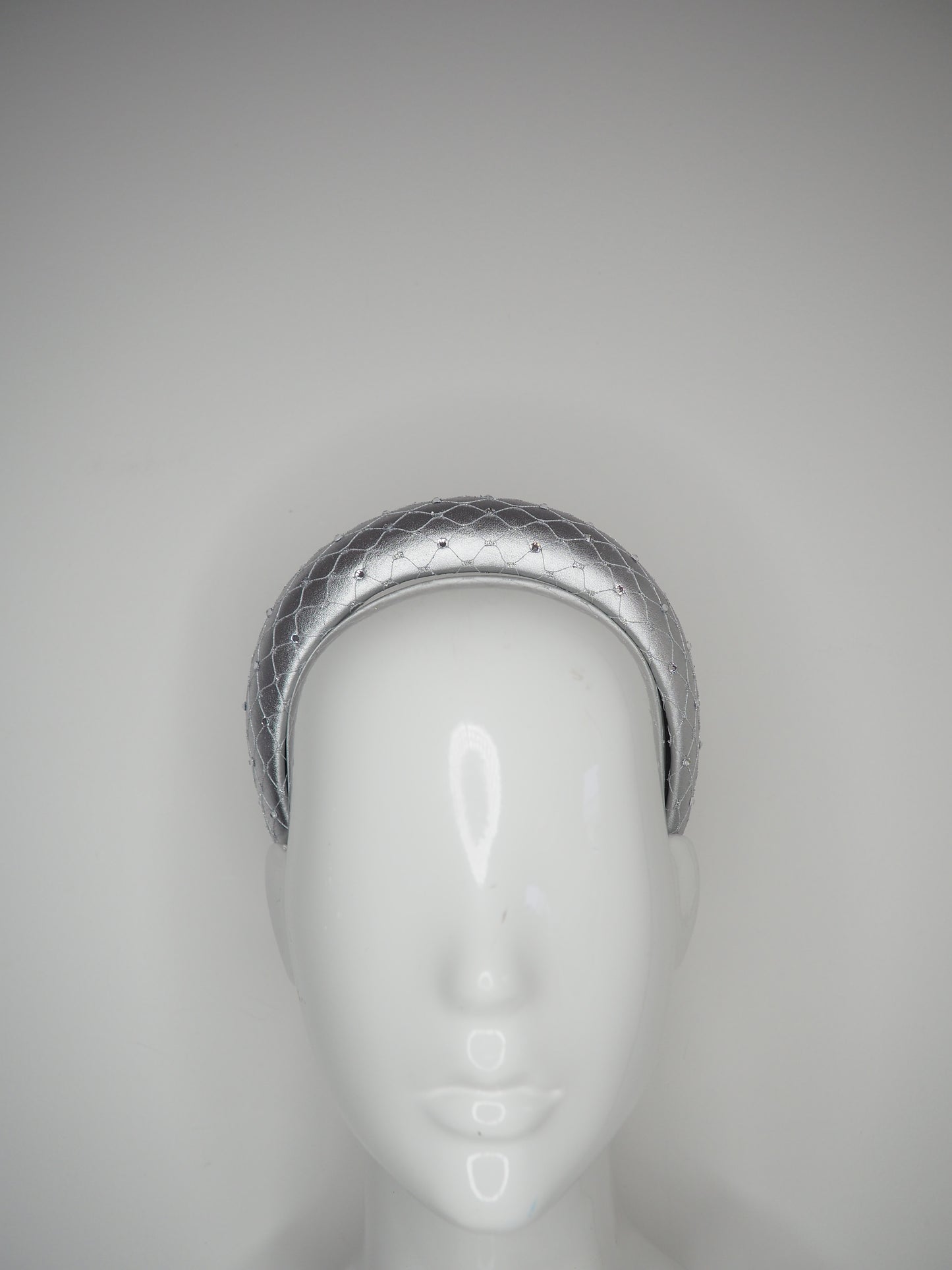 Mimi - Silver - Leather petite 3d headband with veil and crystal detail