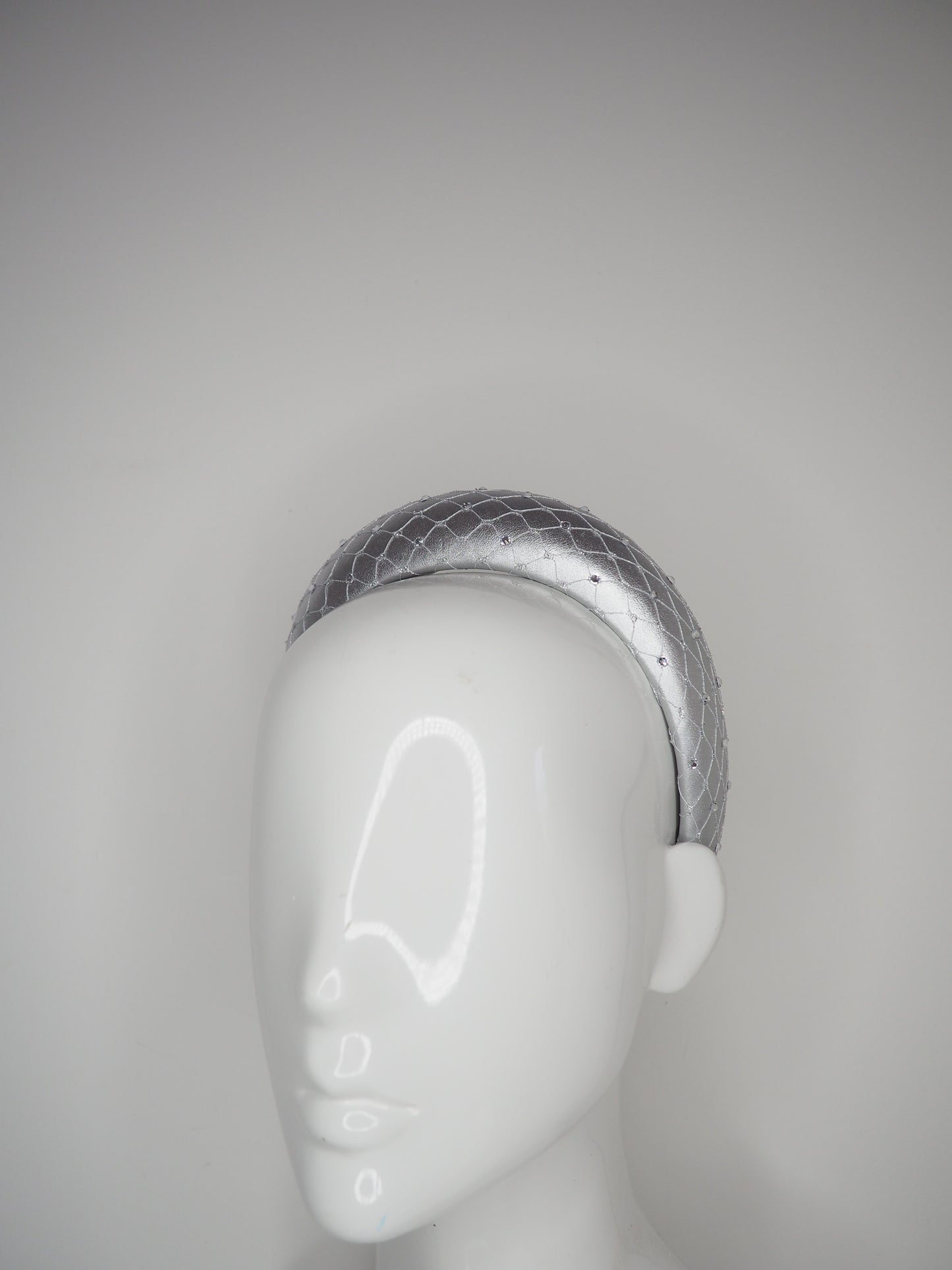 Mimi - Silver - Leather petite 3d headband with veil and crystal detail