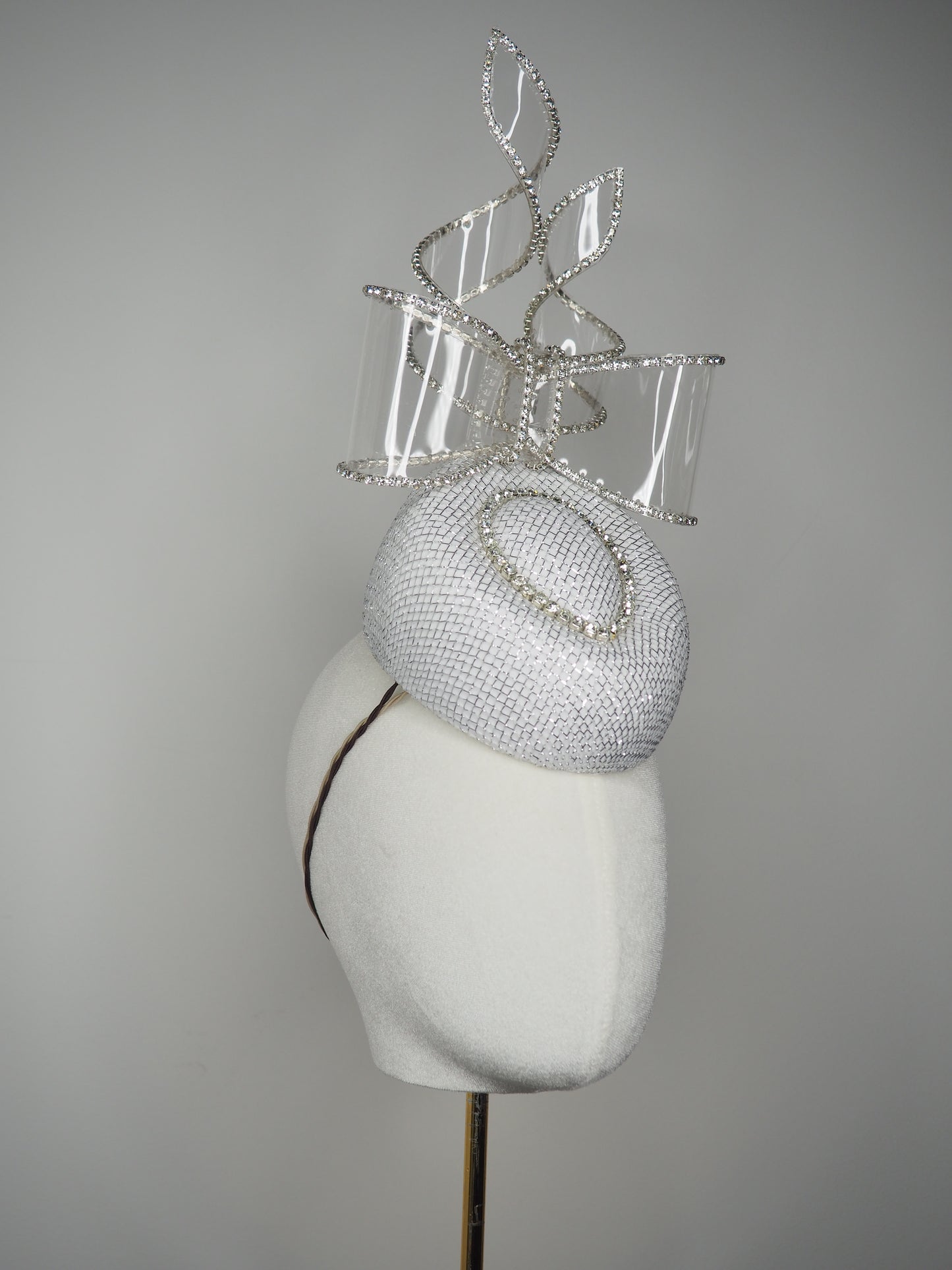 Bow & Grace - white and silver lurex Pork pie pillbox with embellihed crystoform bow