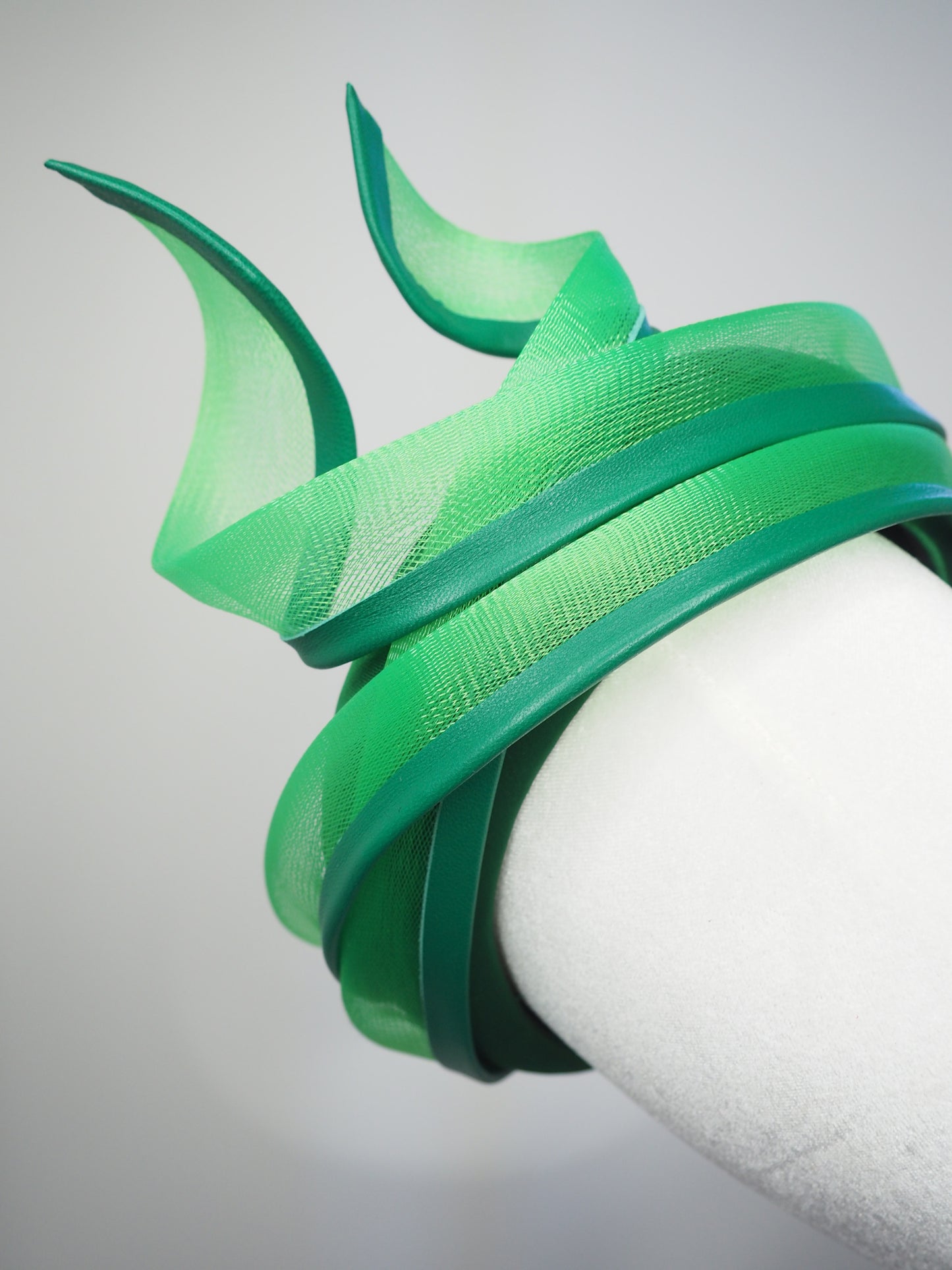 Verdant Flame - Emerald Green Satin 3d headband with wired crinoline turban swirl