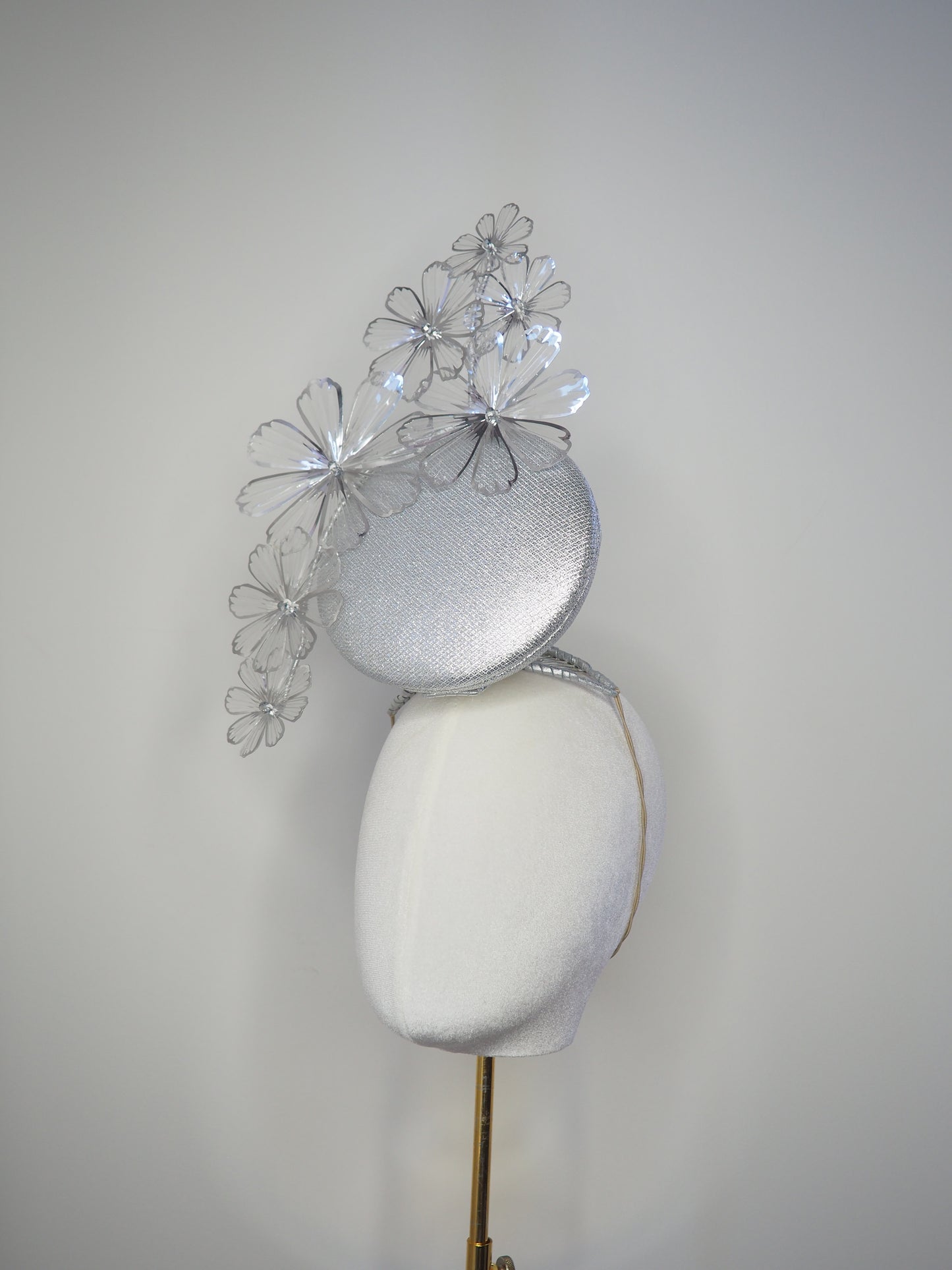 celestial Cosmos - Silver round percher with crystoform silver and clear Cosmo flowers