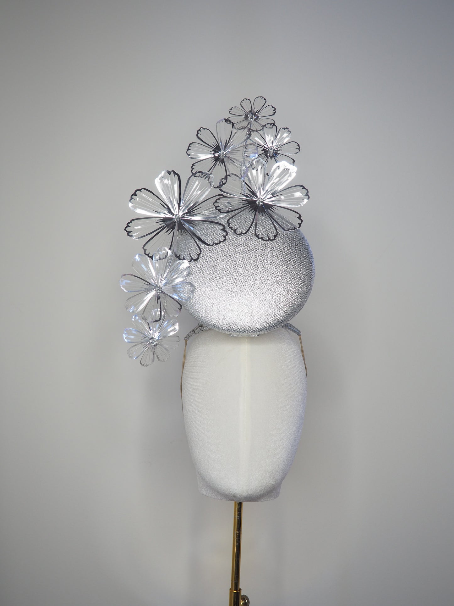 celestial Cosmos - Silver round percher with crystoform silver and clear Cosmo flowers