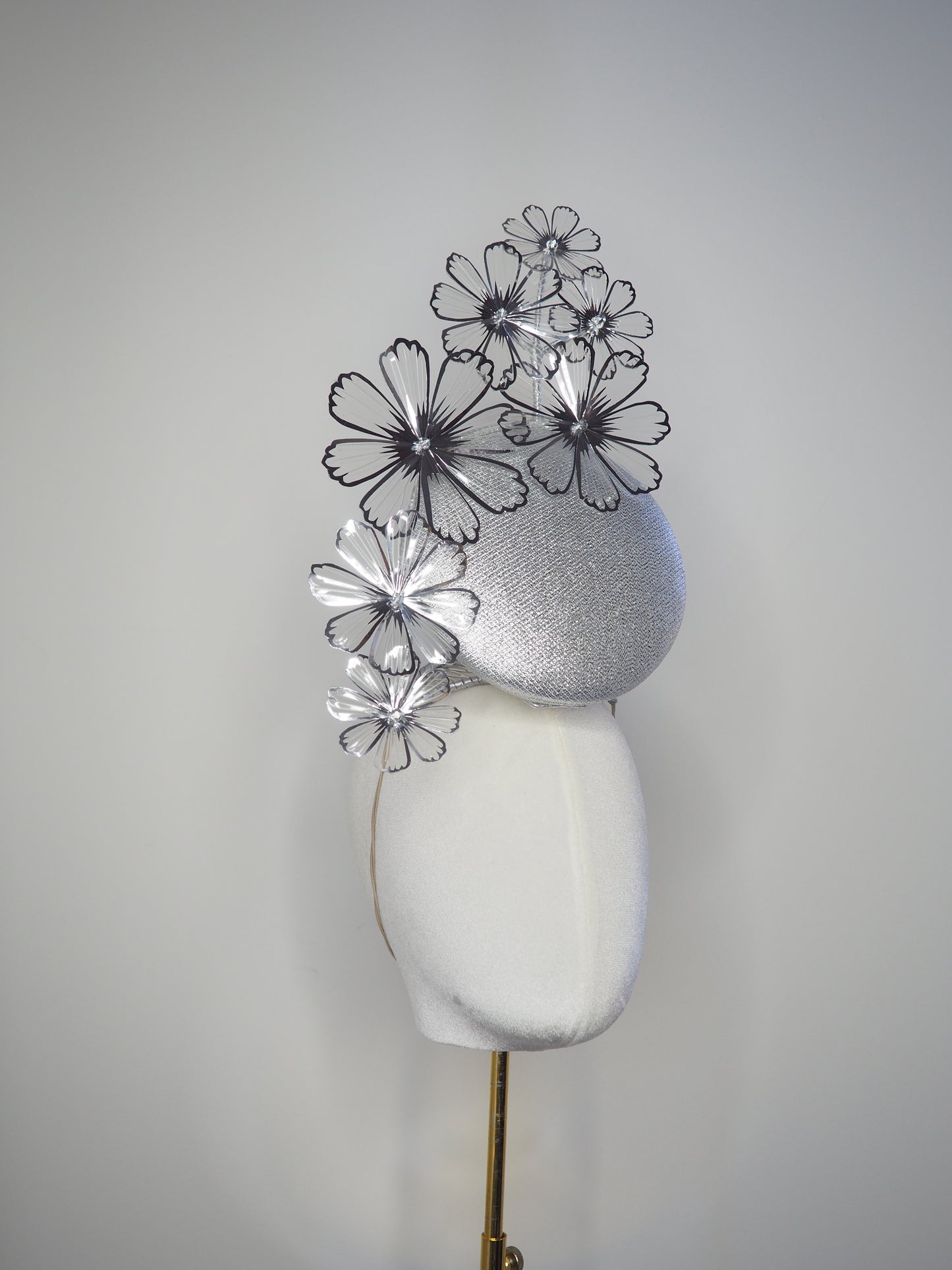 celestial Cosmos - Silver round percher with crystoform silver and clear Cosmo flowers