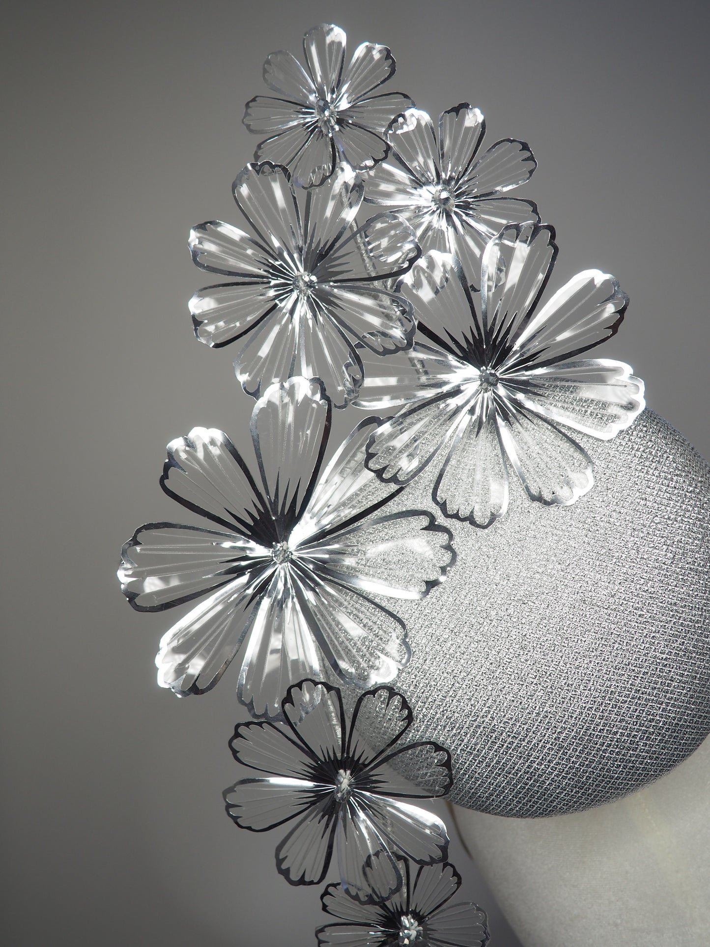 celestial Cosmos - Silver round percher with crystoform silver and clear Cosmo flowers