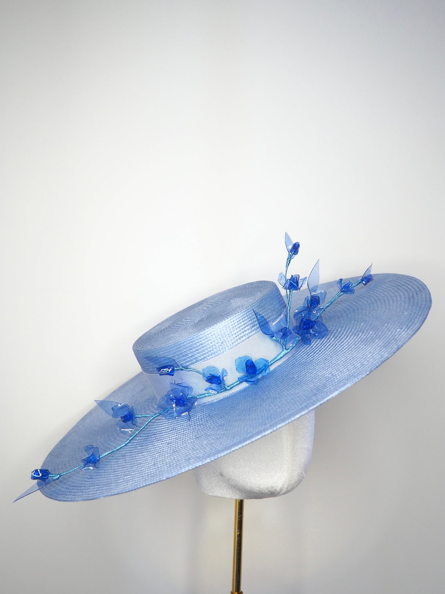 Baby Blue - Large Baby Blue Boater Brim with delicate crystoform rose vine in shades of blue