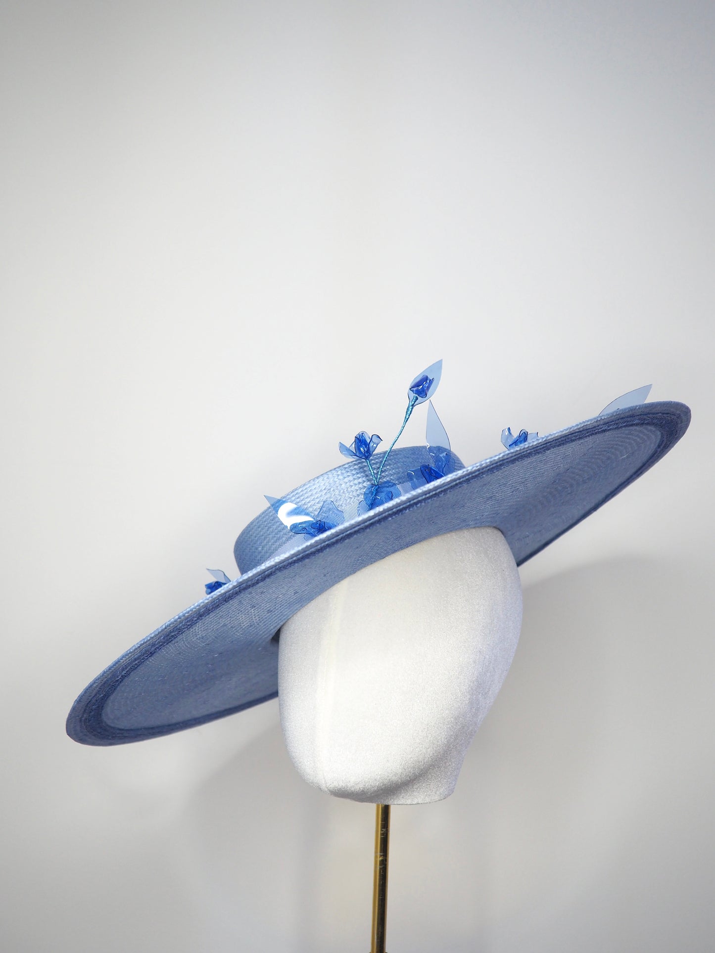 Baby Blue - Large Baby Blue Boater Brim with delicate crystoform rose vine in shades of blue