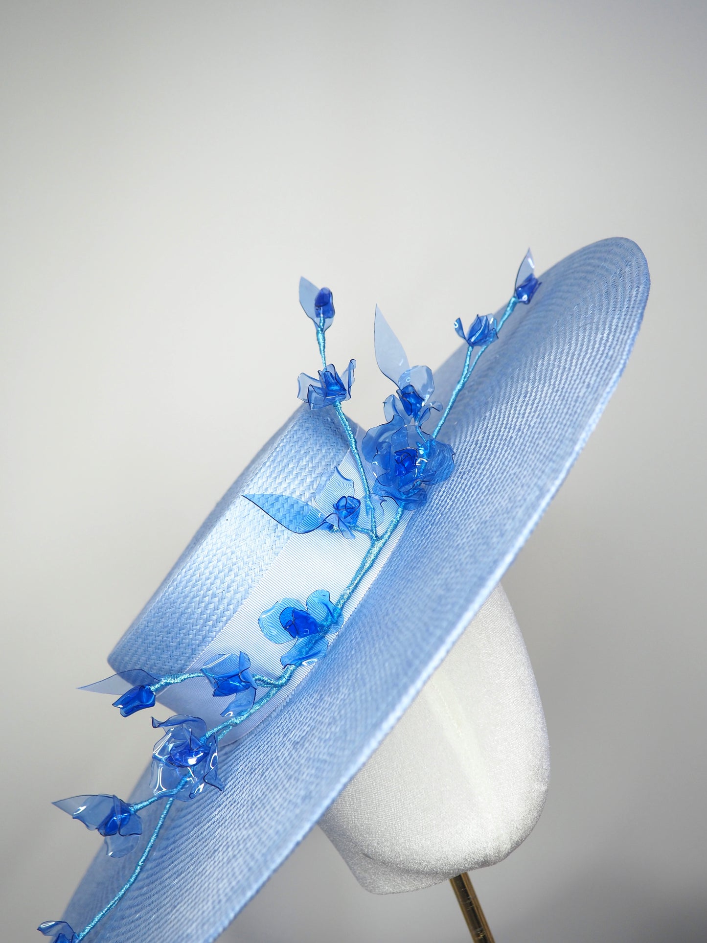 Baby Blue - Large Baby Blue Boater Brim with delicate crystoform rose vine in shades of blue