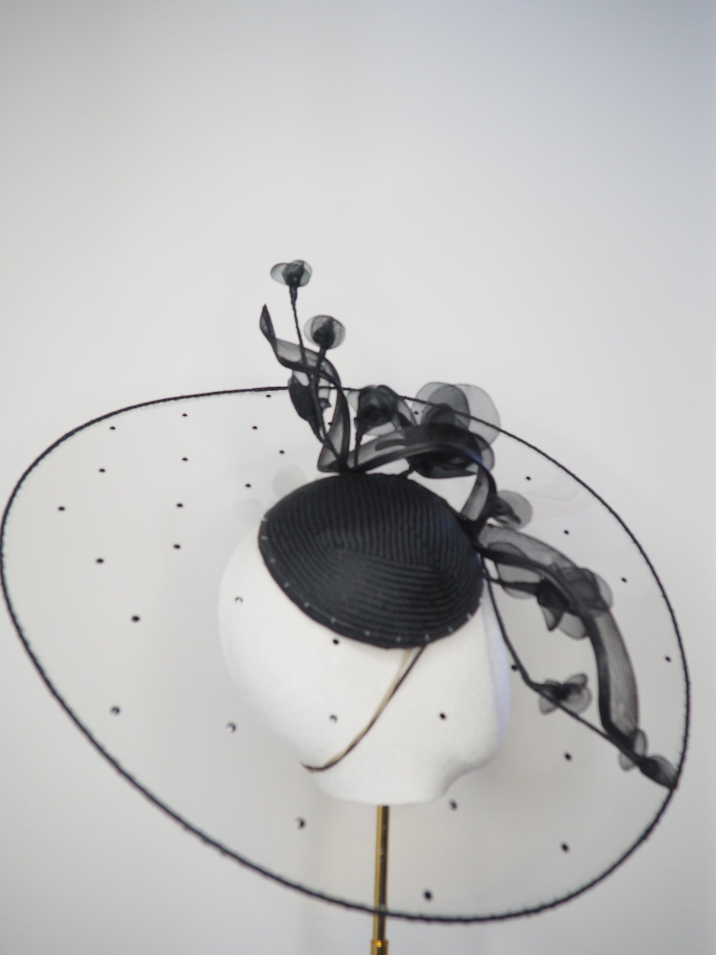 A Rainy Day in Melbourne - Black clear cristoform brim with wispy crinline roses & crinoline swirl