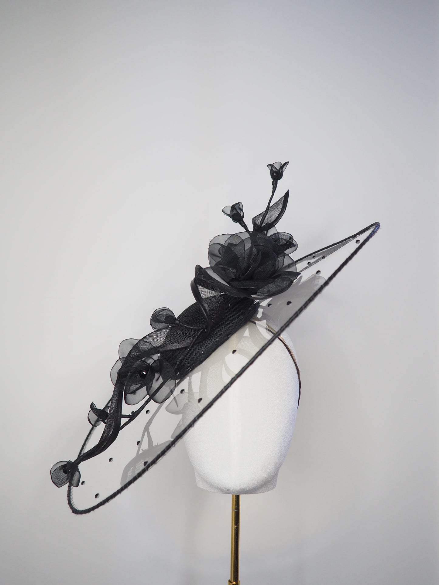A Rainy Day in Melbourne - Black clear cristoform brim with wispy crinline roses & crinoline swirl
