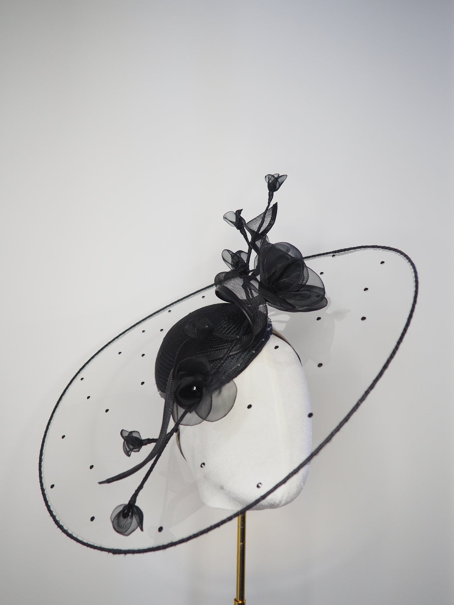 A Rainy Day in Melbourne - Black clear cristoform brim with wispy crinline roses & crinoline swirl
