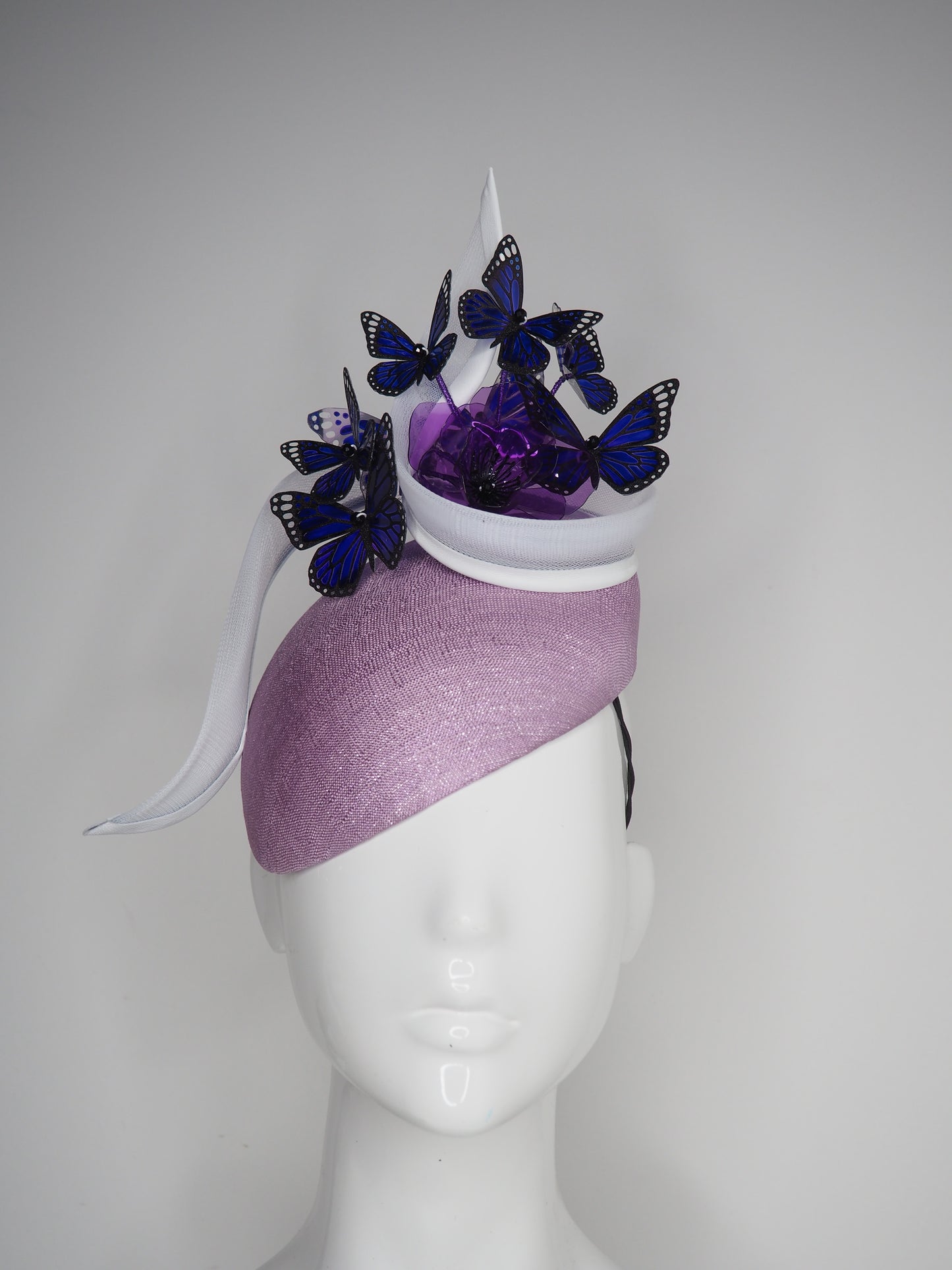 Butterfly Bloom - Hand painted indigo butterflies on a facehugger base with a purple crystoform bloom