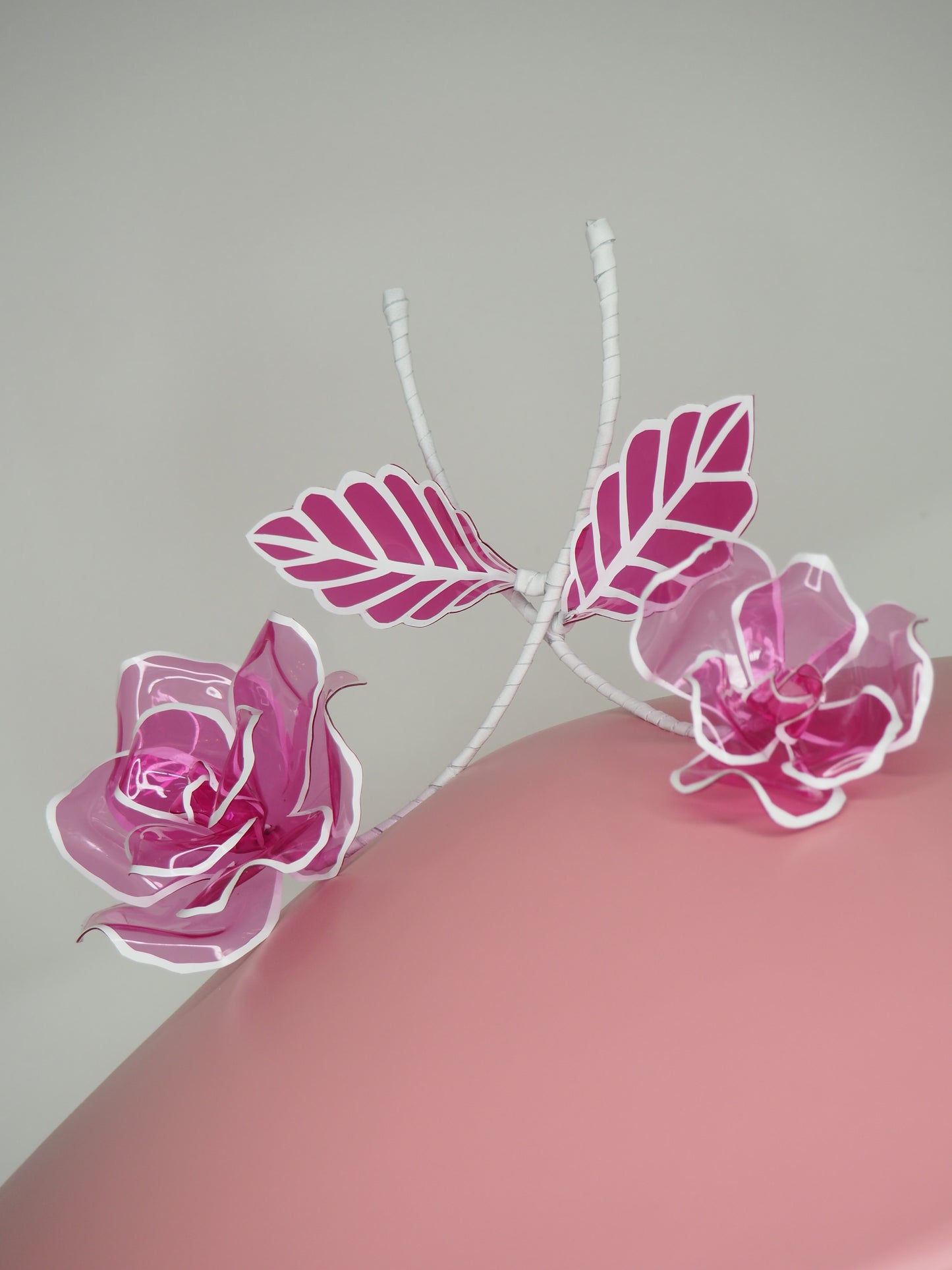Pastel with a pop - Baby pink and white leather Coolie brim with shades of pink crystoform rose