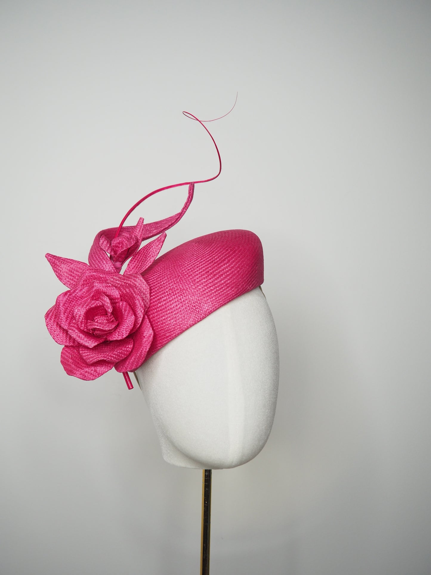 Rosé Reverie - Pink parasisal facehugger beret-style headpiece with sculpted straw rose and blossom and sculpted swirl