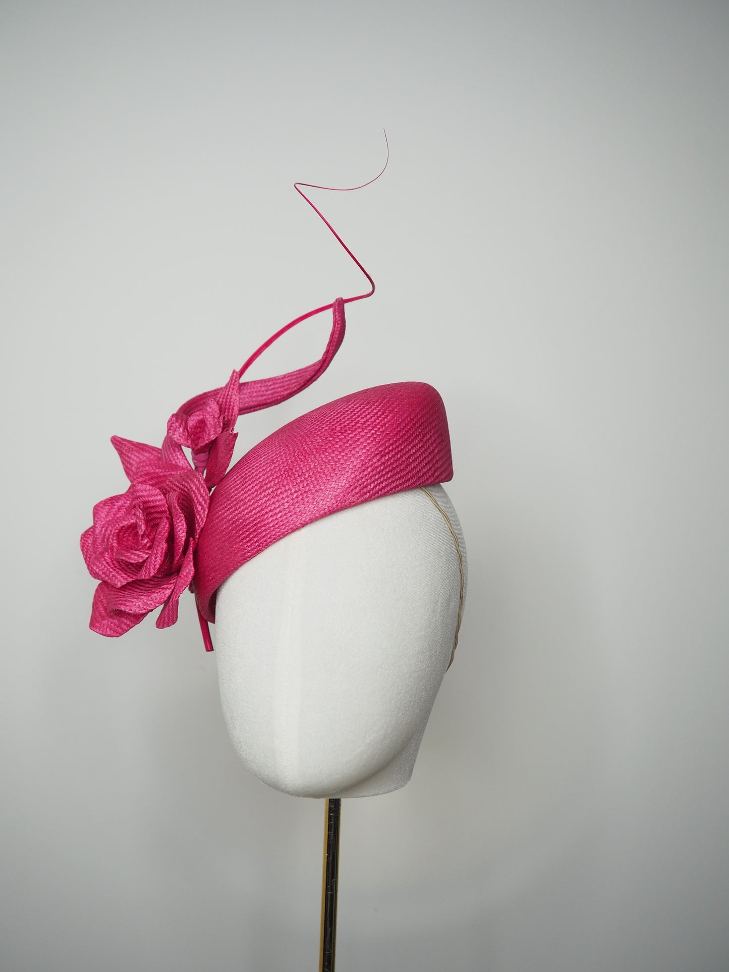 Rosé Reverie - Pink parasisal facehugger beret-style headpiece with sculpted straw rose and blossom and sculpted swirl