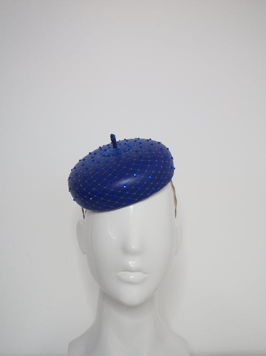 Glitz and glam - Leather button beret with crystals - sapphire blue
