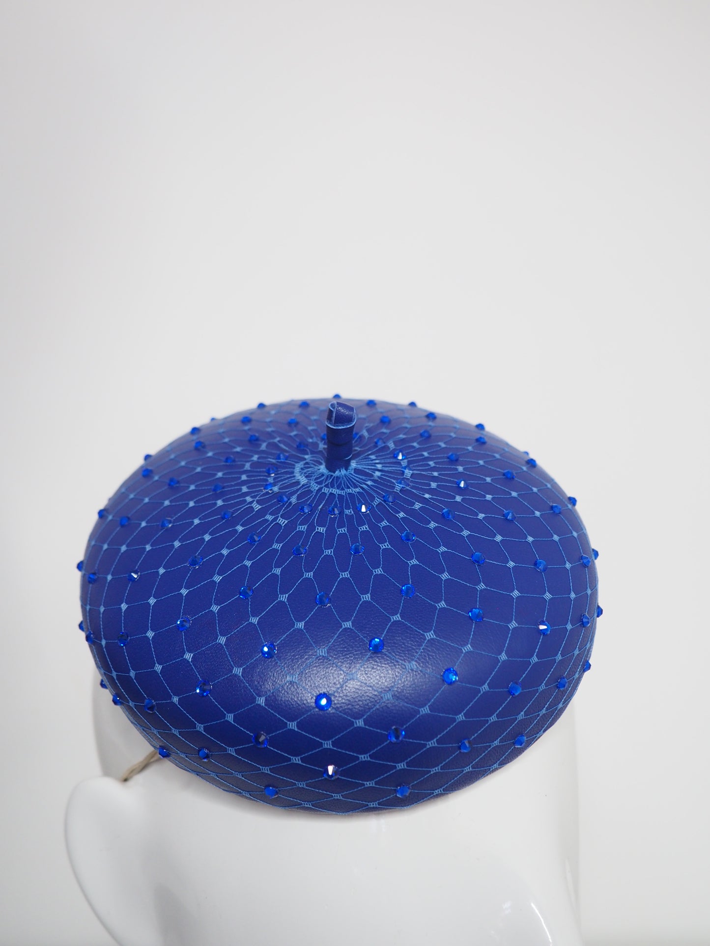 Glitz and glam - Leather button beret with crystals - sapphire blue