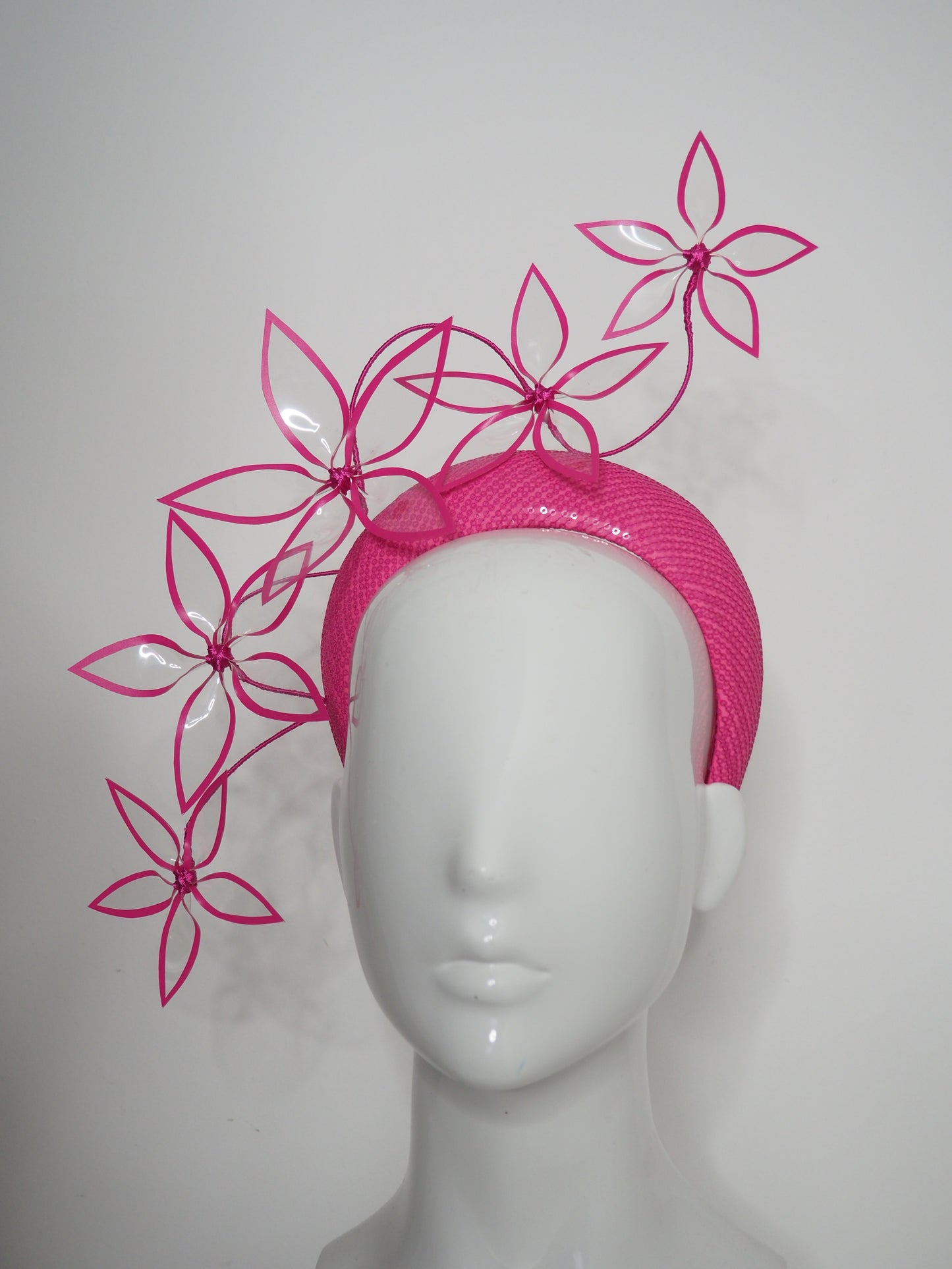 Hot Pink Pop - Hand Dyed Hot Pink sequin 3d headband with dancing crystoform flowers