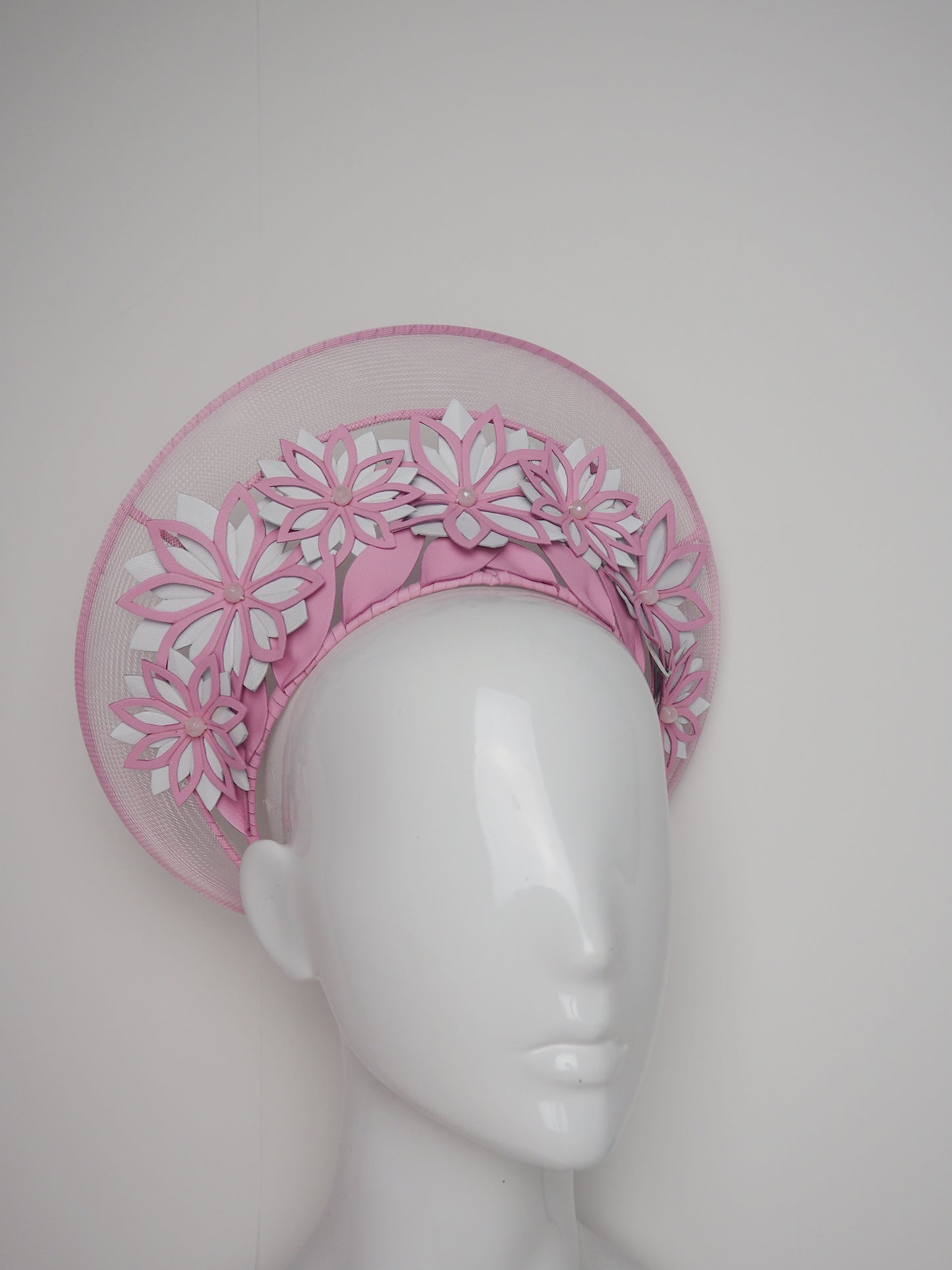 Hello halo - White and pink leather cutout flowers with wired crinoline halo and white details