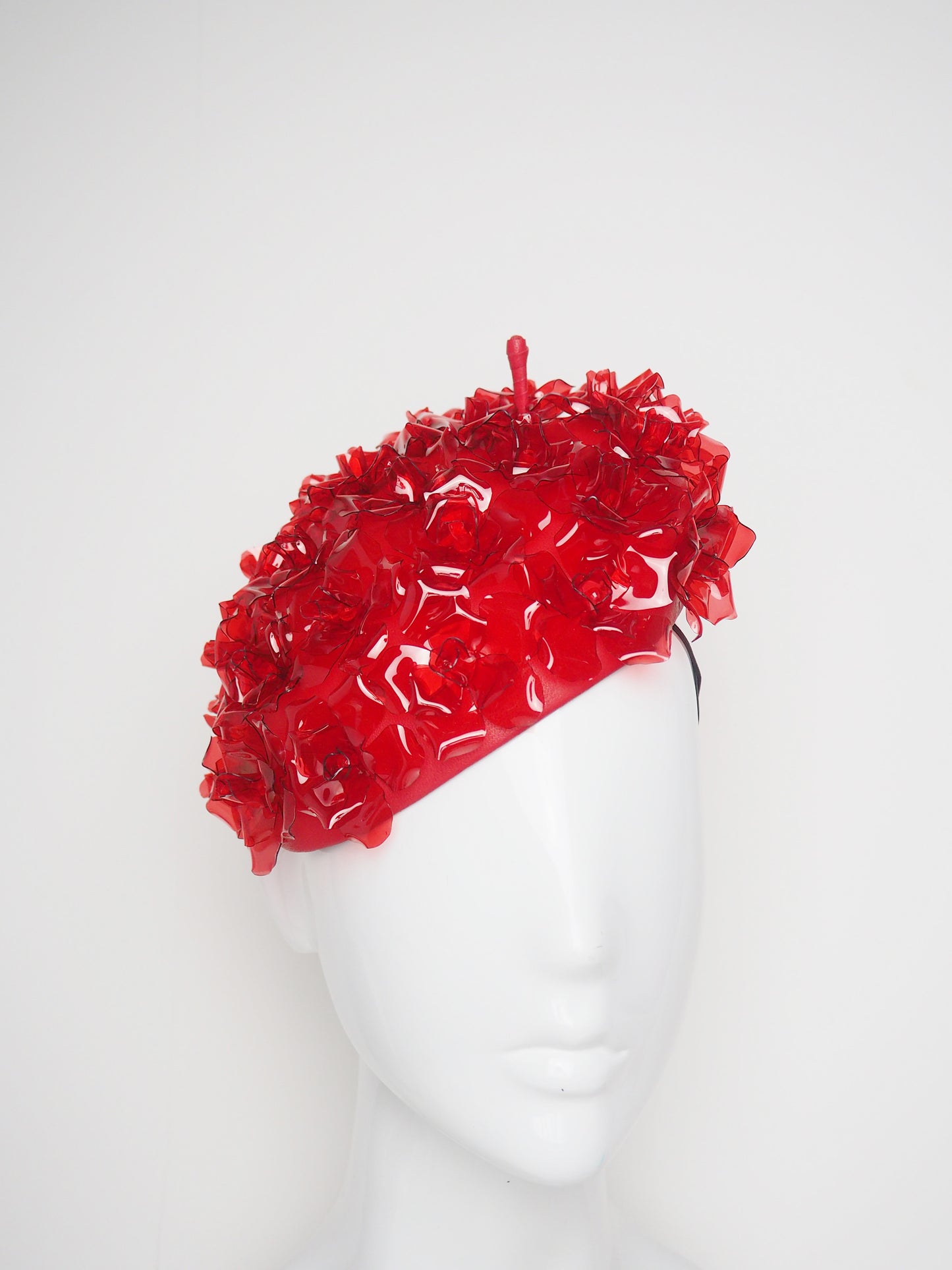 Rosetta - crystoform rose covered beret style facehugger with red leather