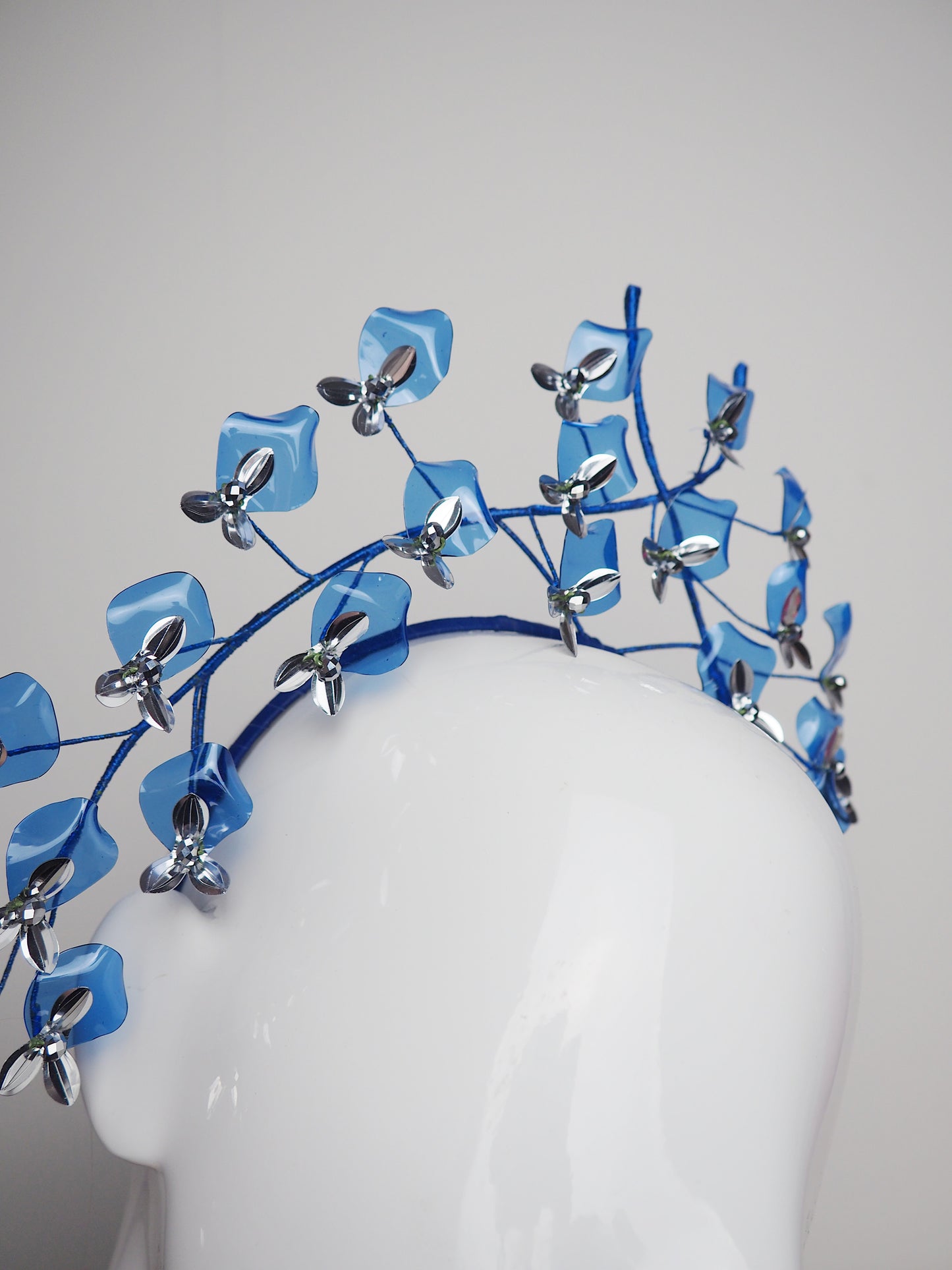 Blue Wisteria - Blue and silver crystoform wisteria blossom headband