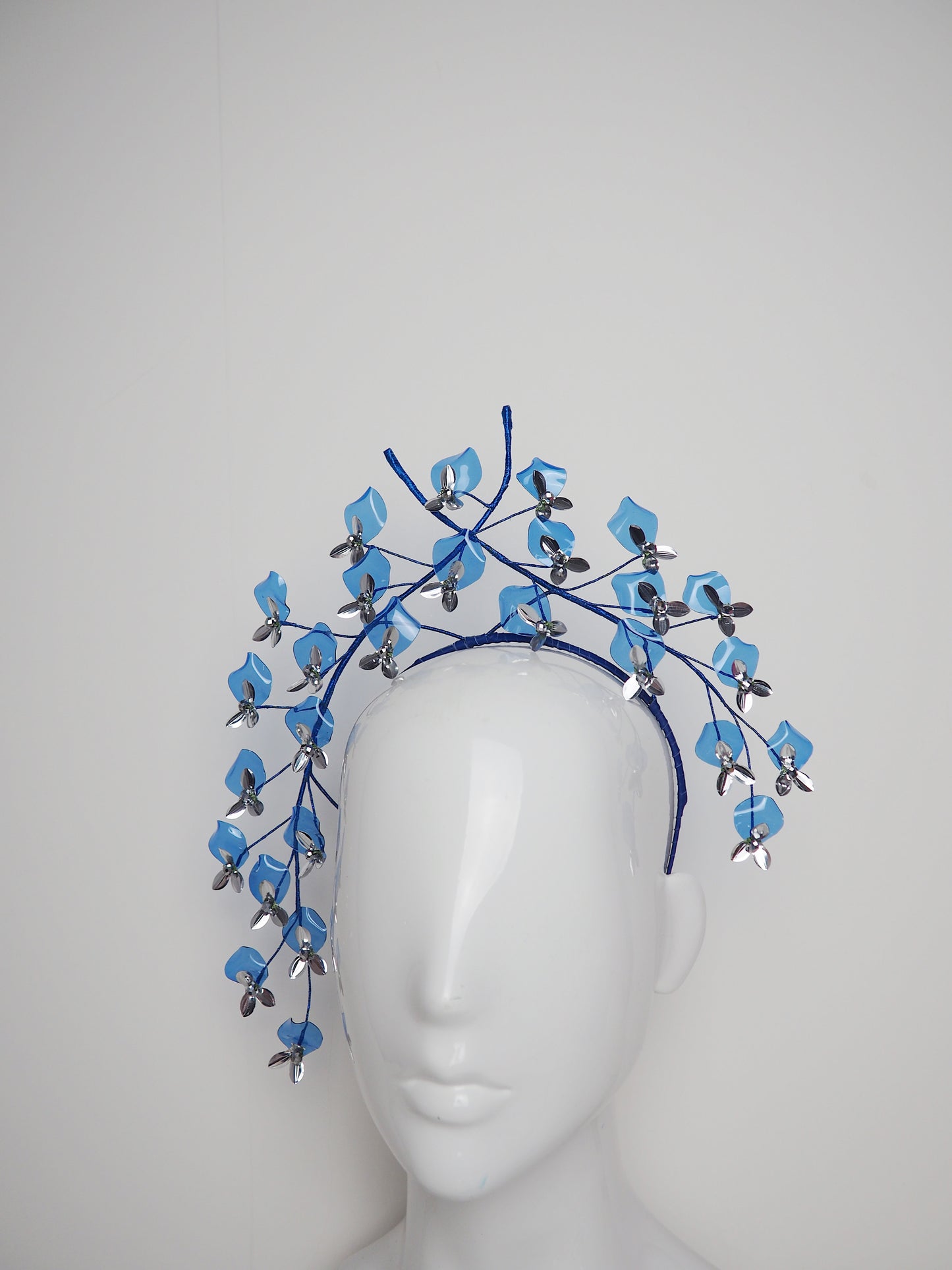 Blue Wisteria - Blue and silver crystoform wisteria blossom headband