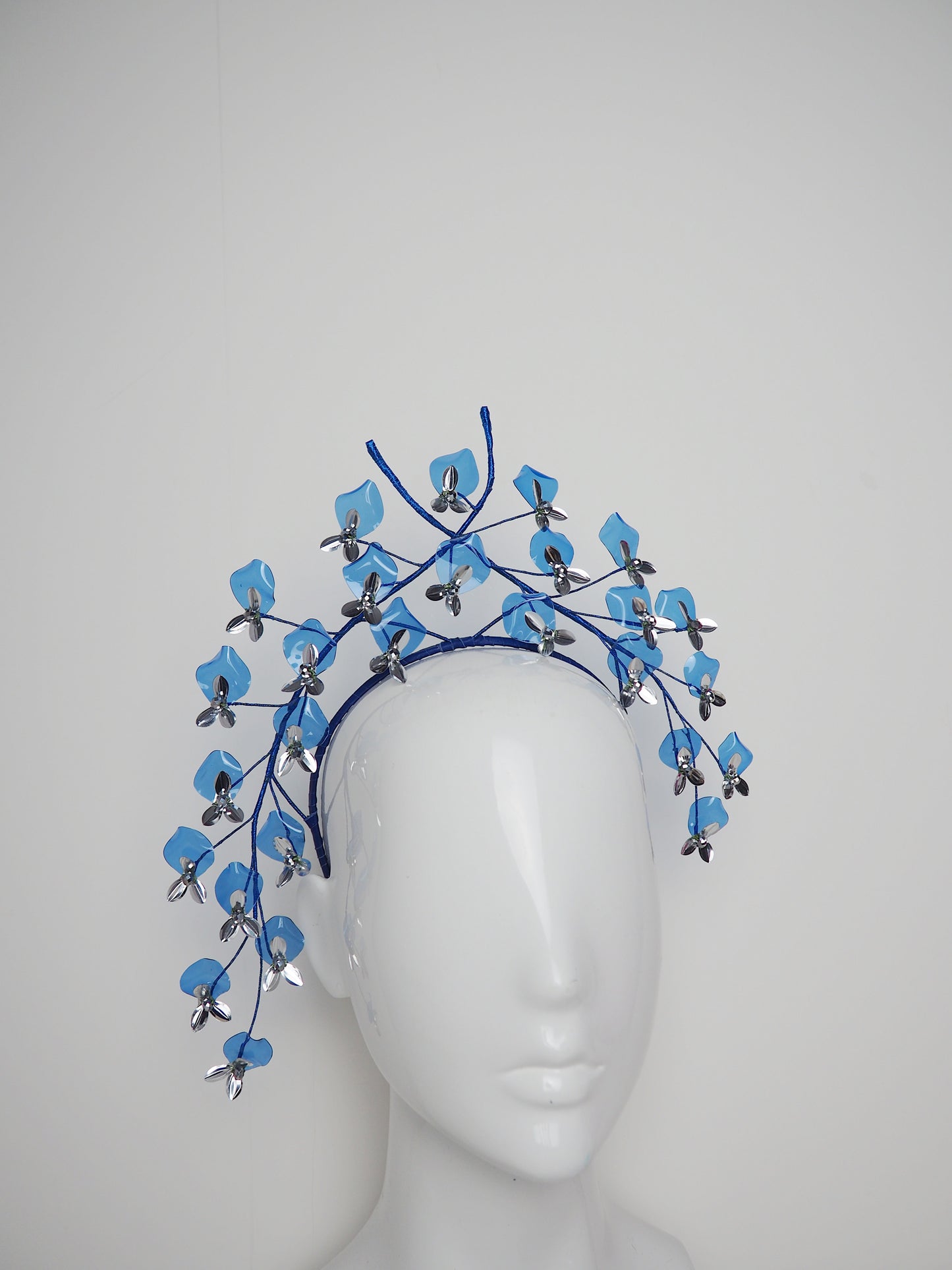 Blue Wisteria - Blue and silver crystoform wisteria blossom headband