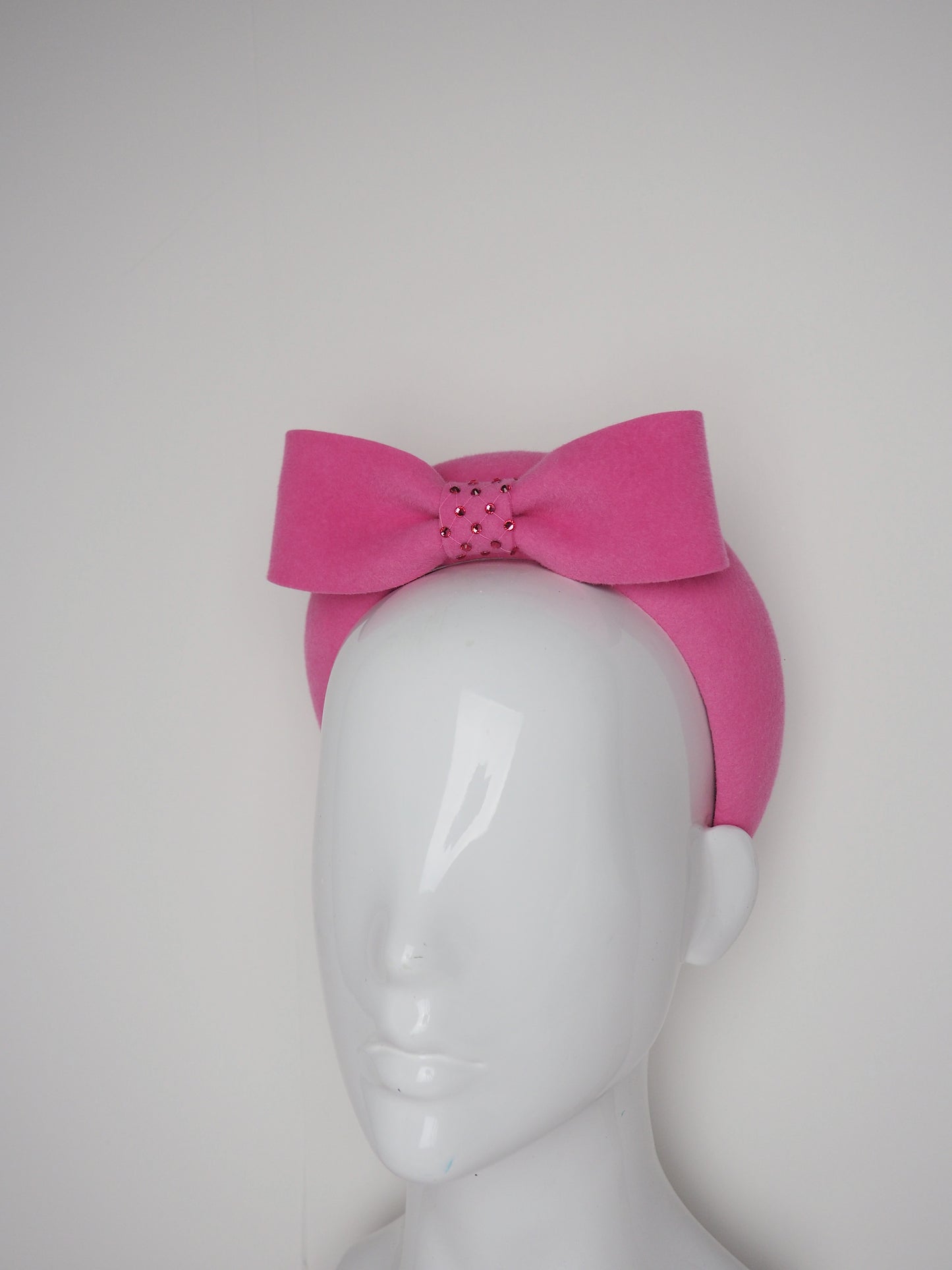 Bubblegum Barbie - Pink Velour fur felt with diamante detialing and bow on 3d headband.