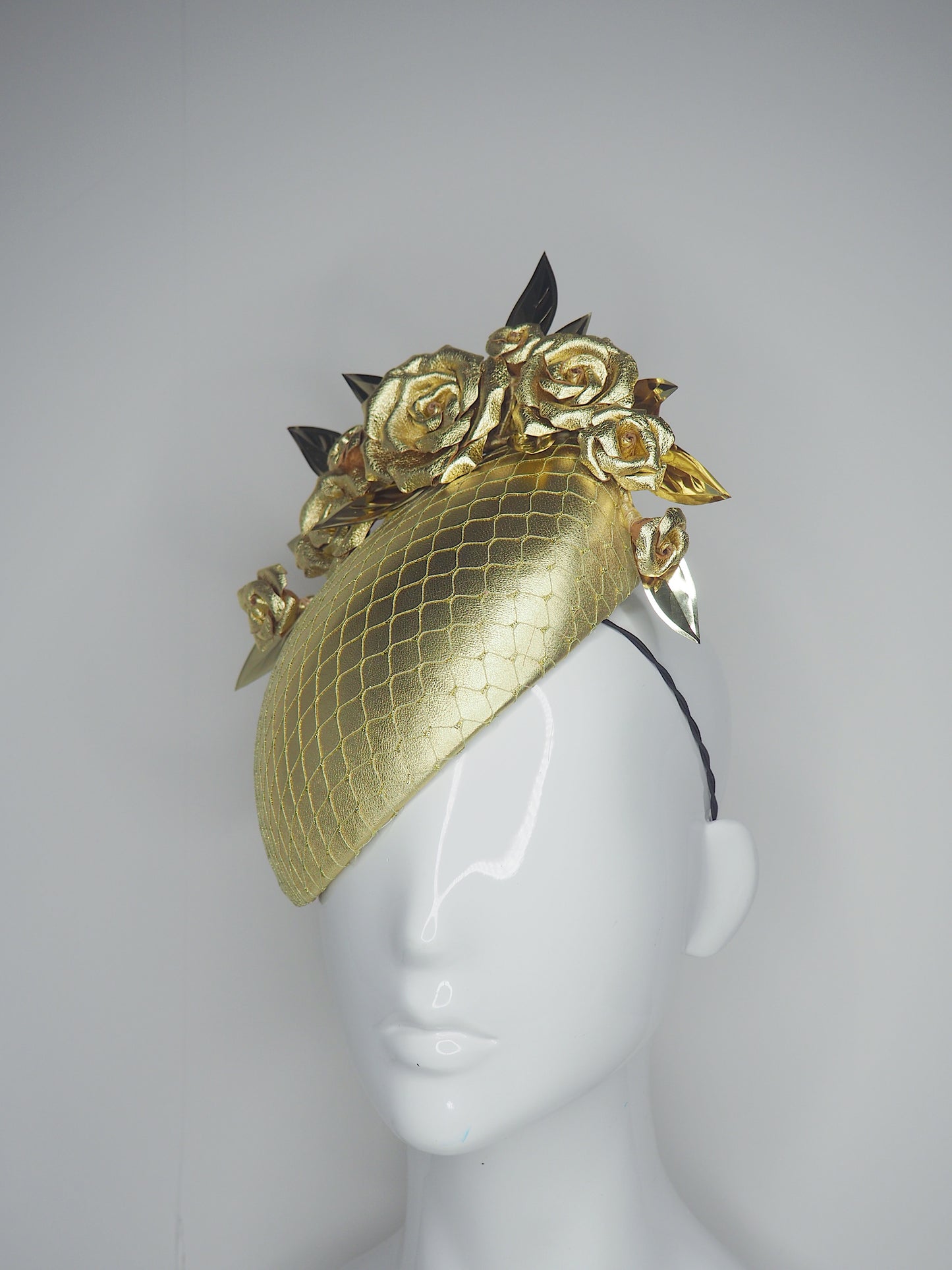 Goldie Girl - Facehugger style headpiece with gold leather base and rose detail