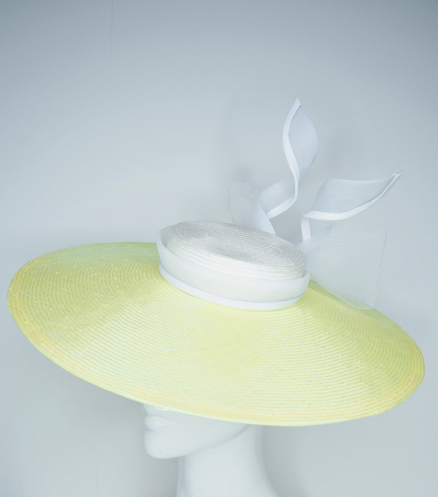 Zest - Citron lemon lime parisissal straw brim with white leather and crinoline bow