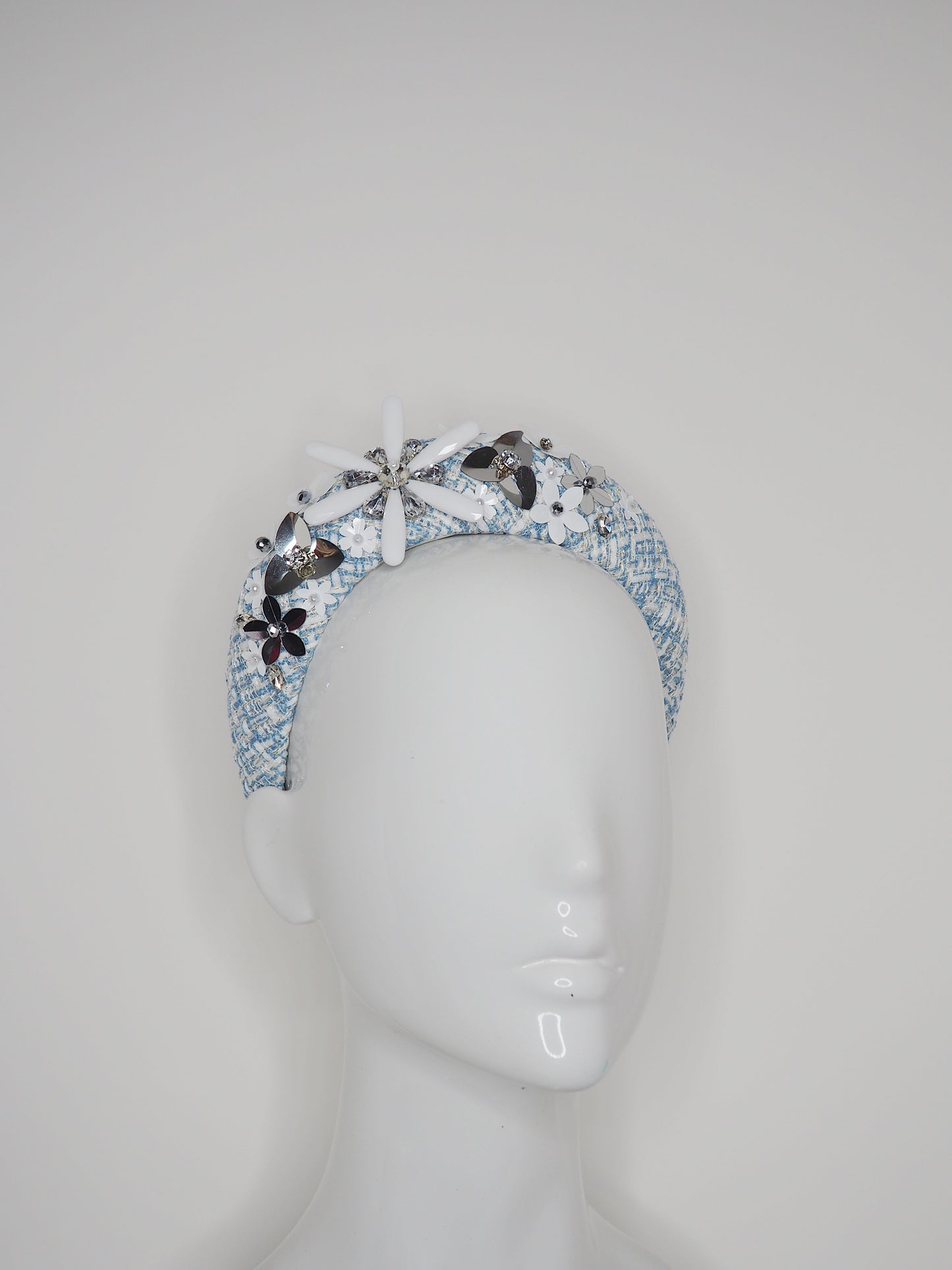 Twinkle Twinkle - Blue and white tweed with silver, white diamonte and pearl Embellishment