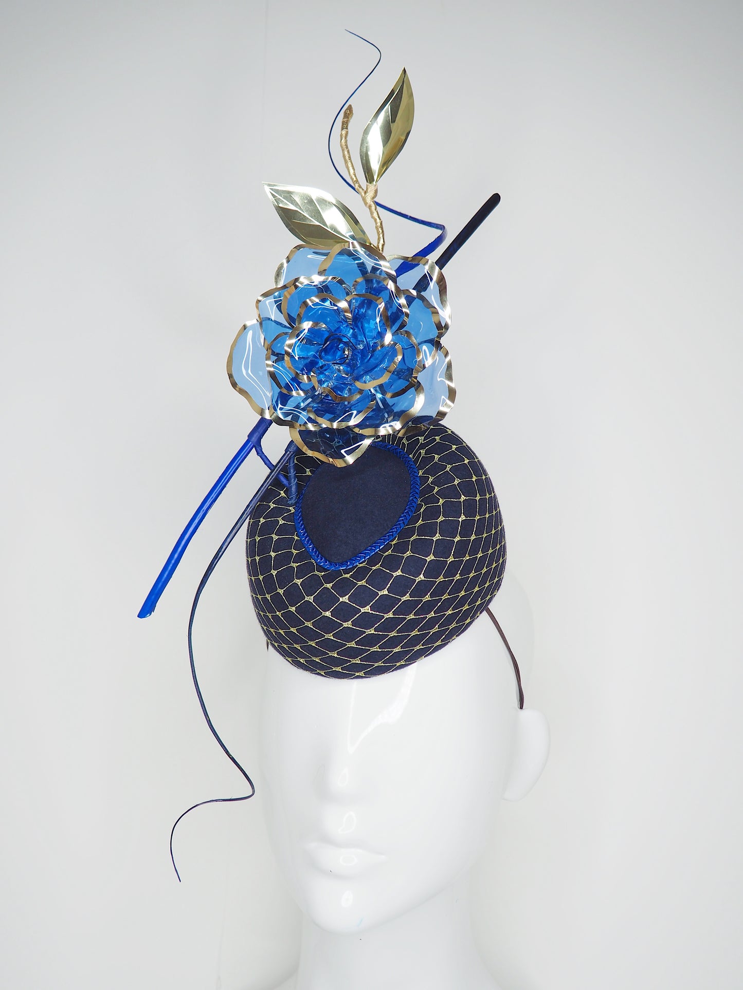 Royal Rose - Blue fur felt pork pie pillbox with Blue crystoform rose and touches of gold