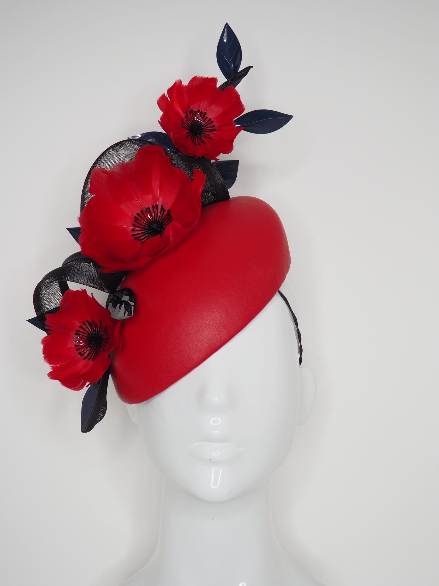 What's Poppin - Red Leather facehugger beret with red feather poppies & crinoline swirl