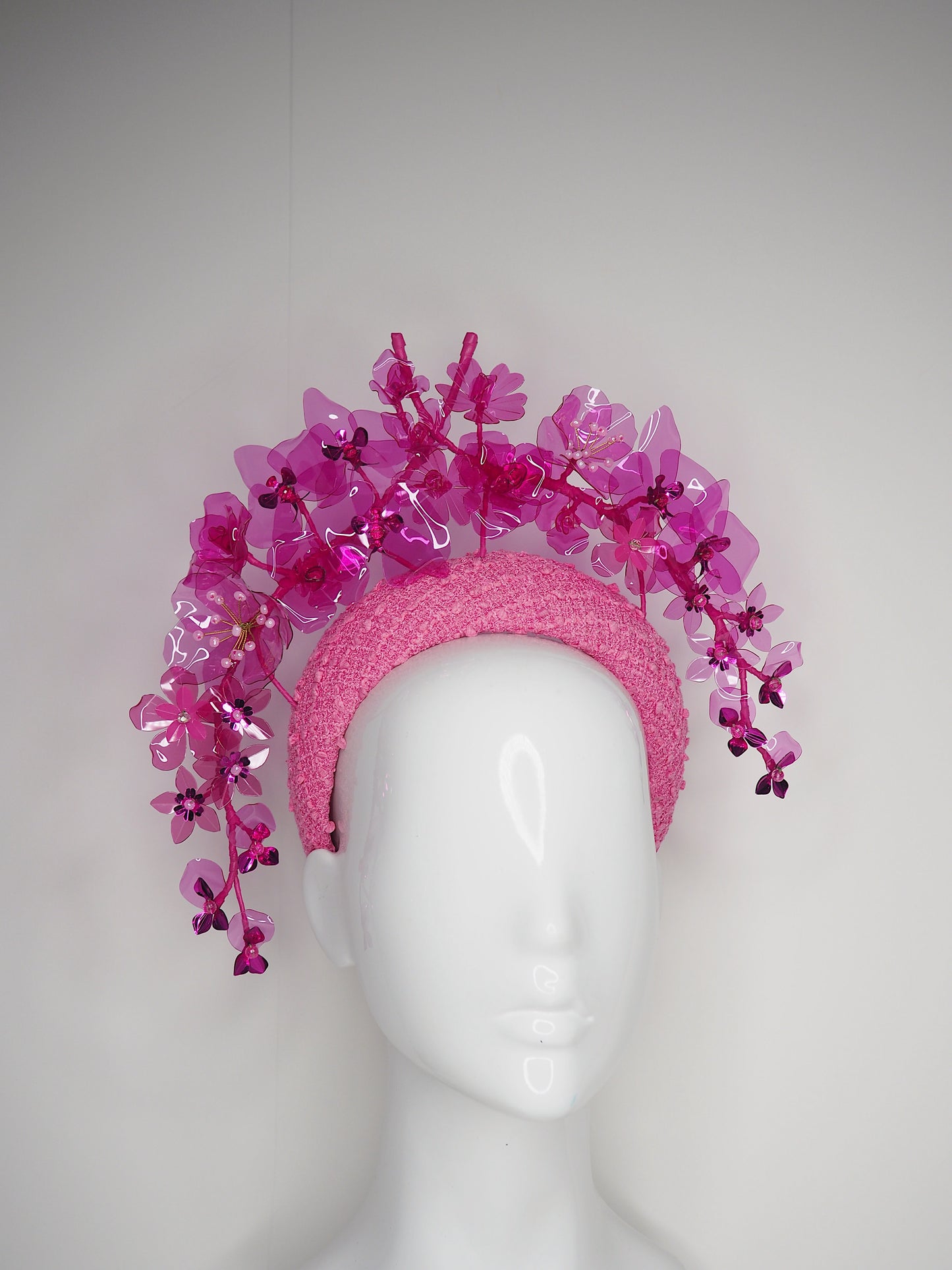 Pink Princess - Crystoform flower garden in shades of pink on hand dyed candy pink boucle tweed 3d headband