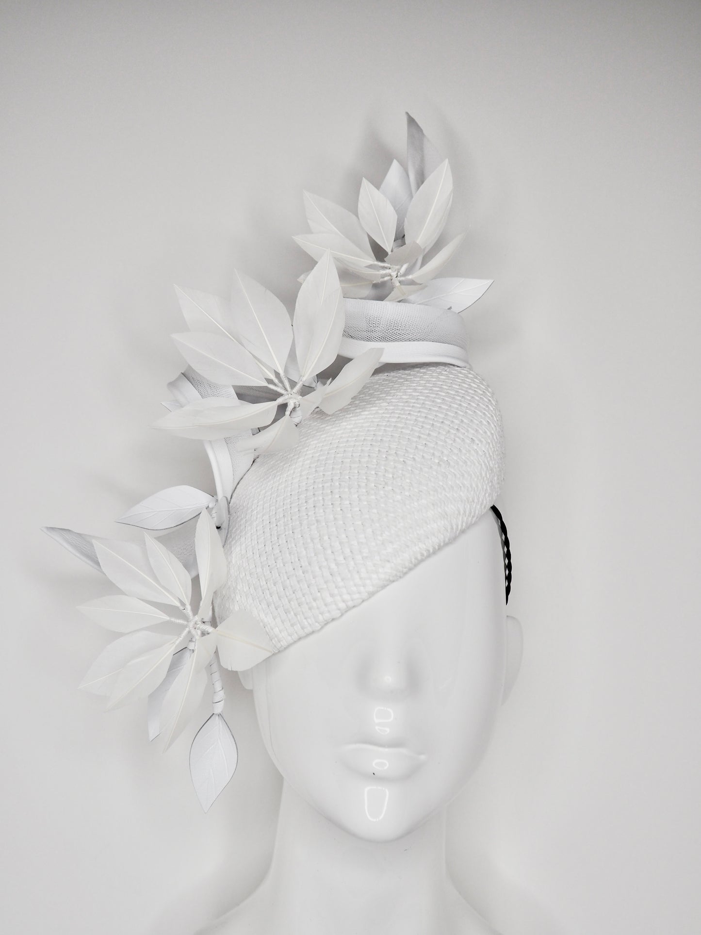 Wind Beneath My Wings - White textured Face hugging base with Feather Flowers and Crinoline Swirl