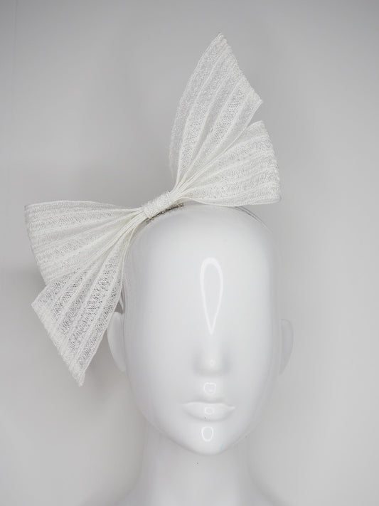 Baby Bowie  - White sewn hemp braid bow on leather wrapped headband