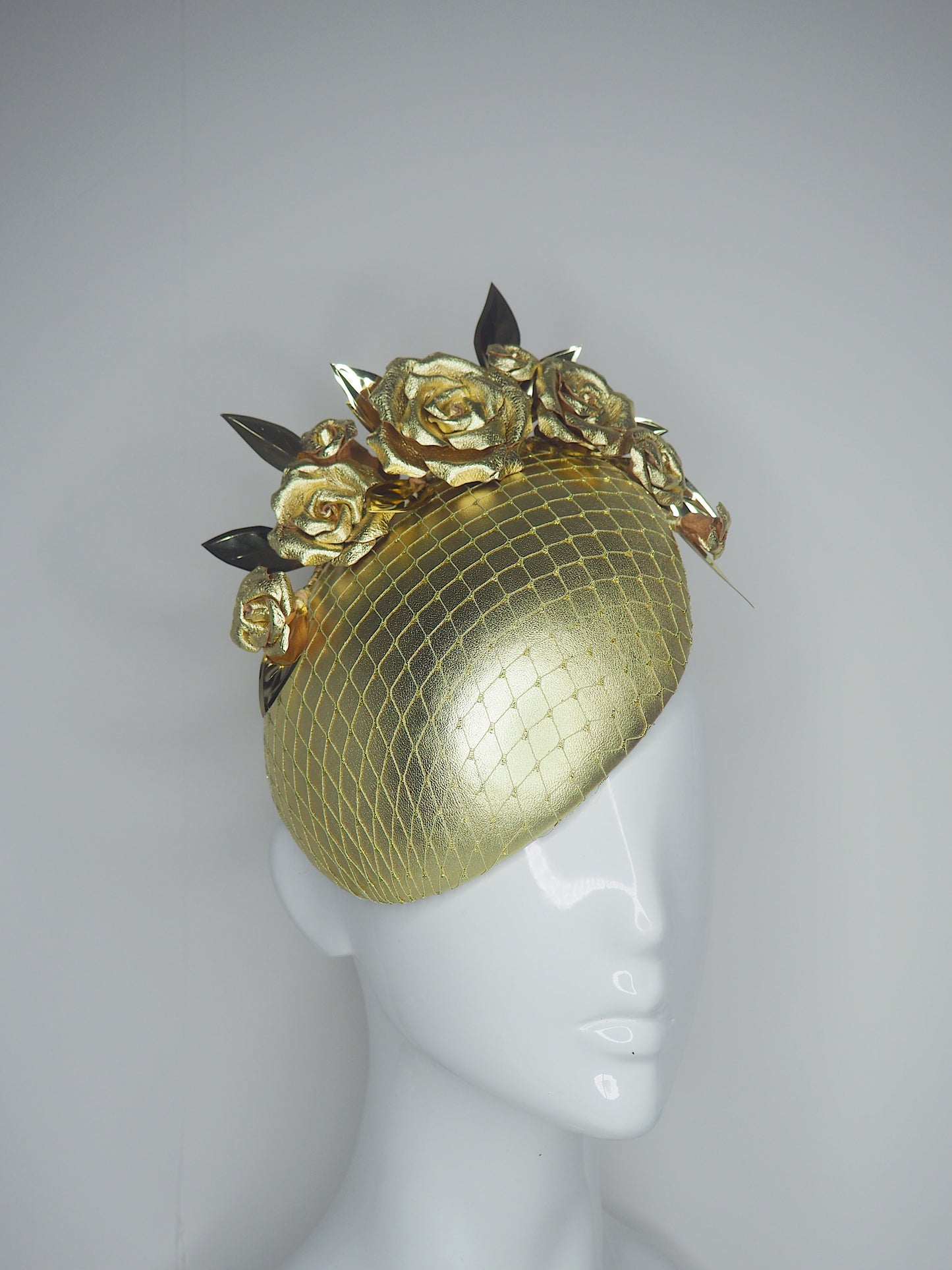 Goldie Girl - Facehugger style headpiece with gold leather base and rose detail