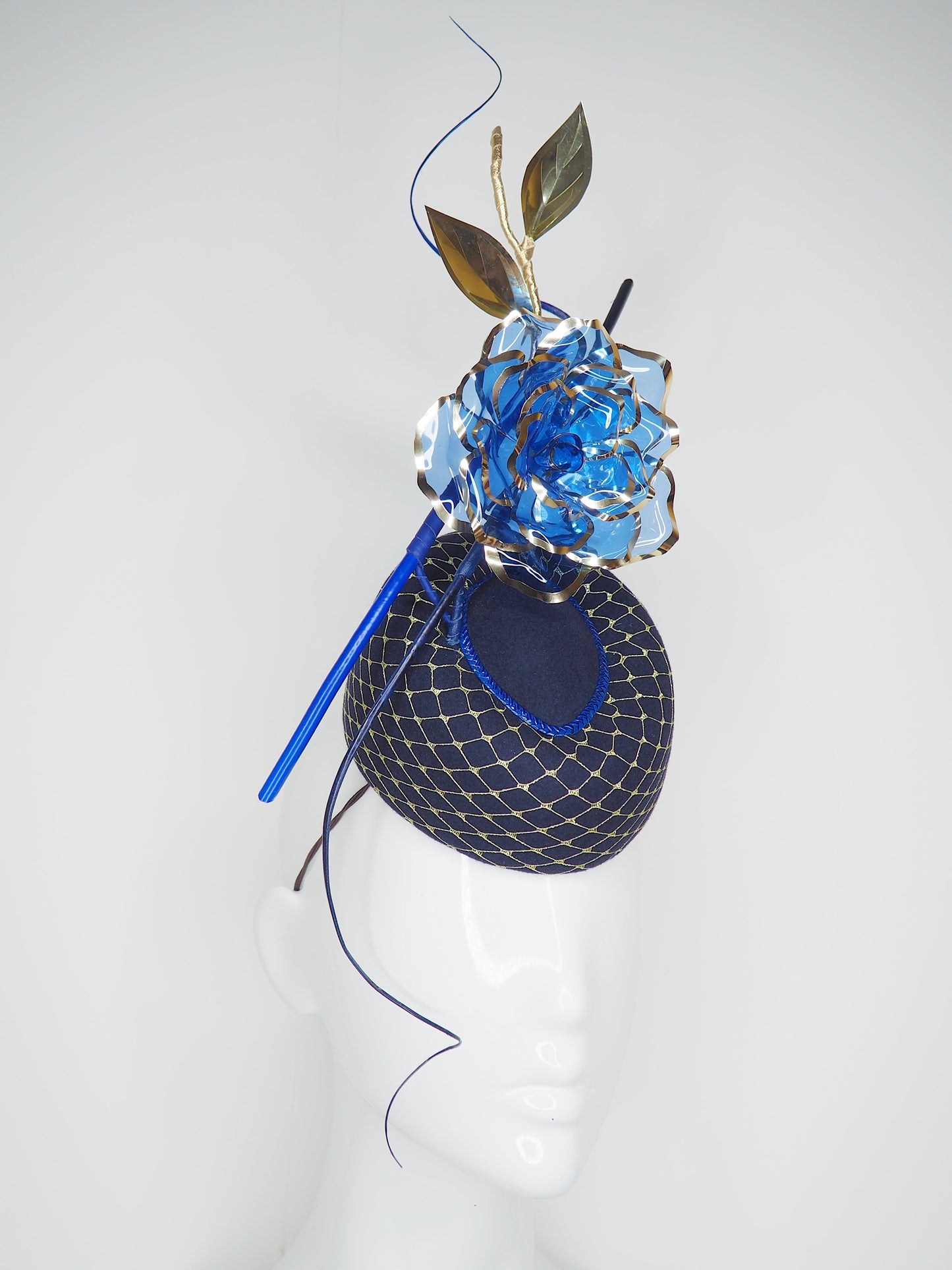 Royal Rose - Blue fur felt pork pie pillbox with Blue crystoform rose and touches of gold