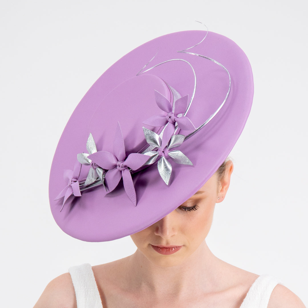 Lovely Lavender Boater - Lavender leather boater with silver quills and flowers