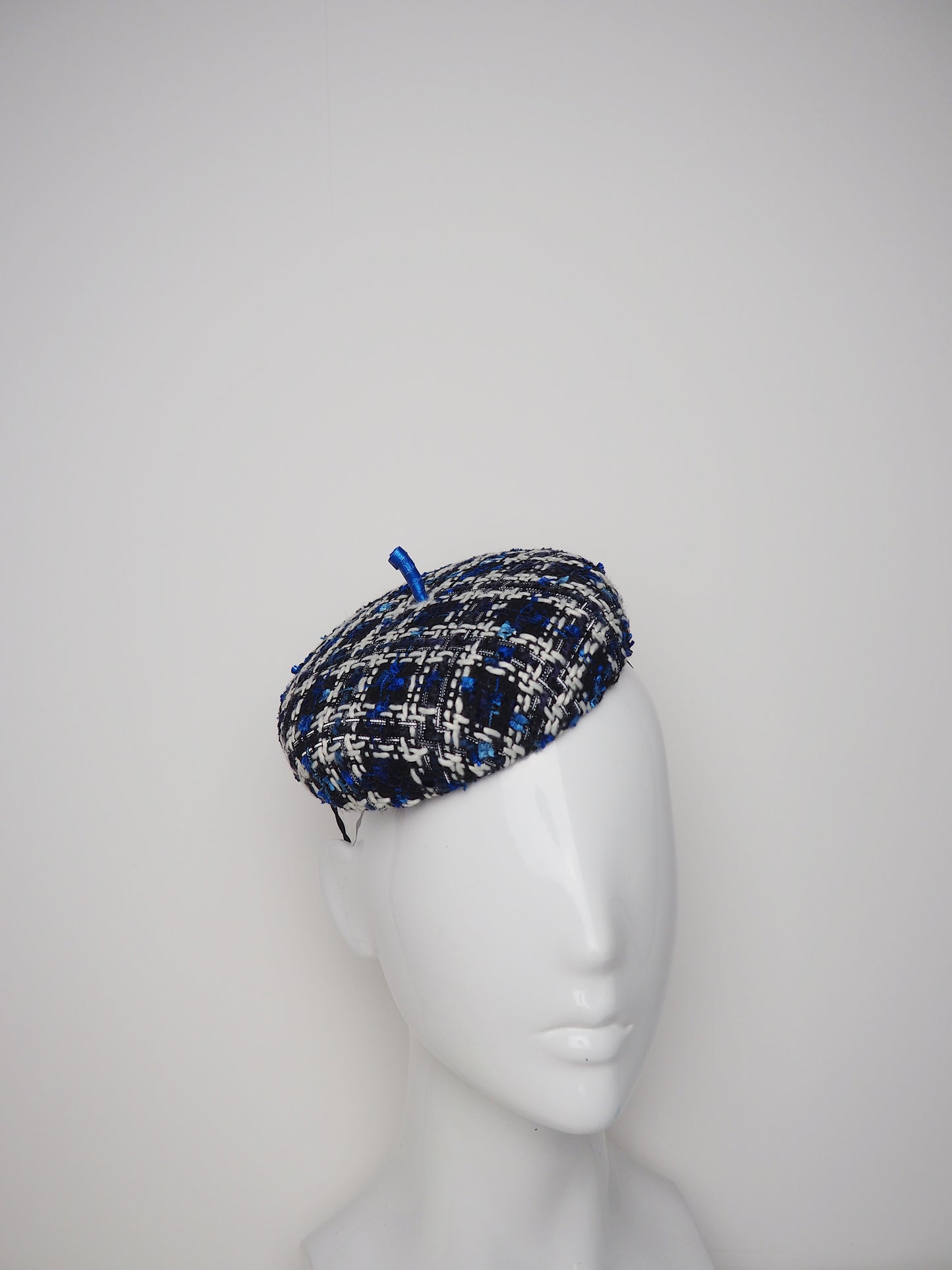 Polly - Large blue, black and white tweed button base with blue leather detail
