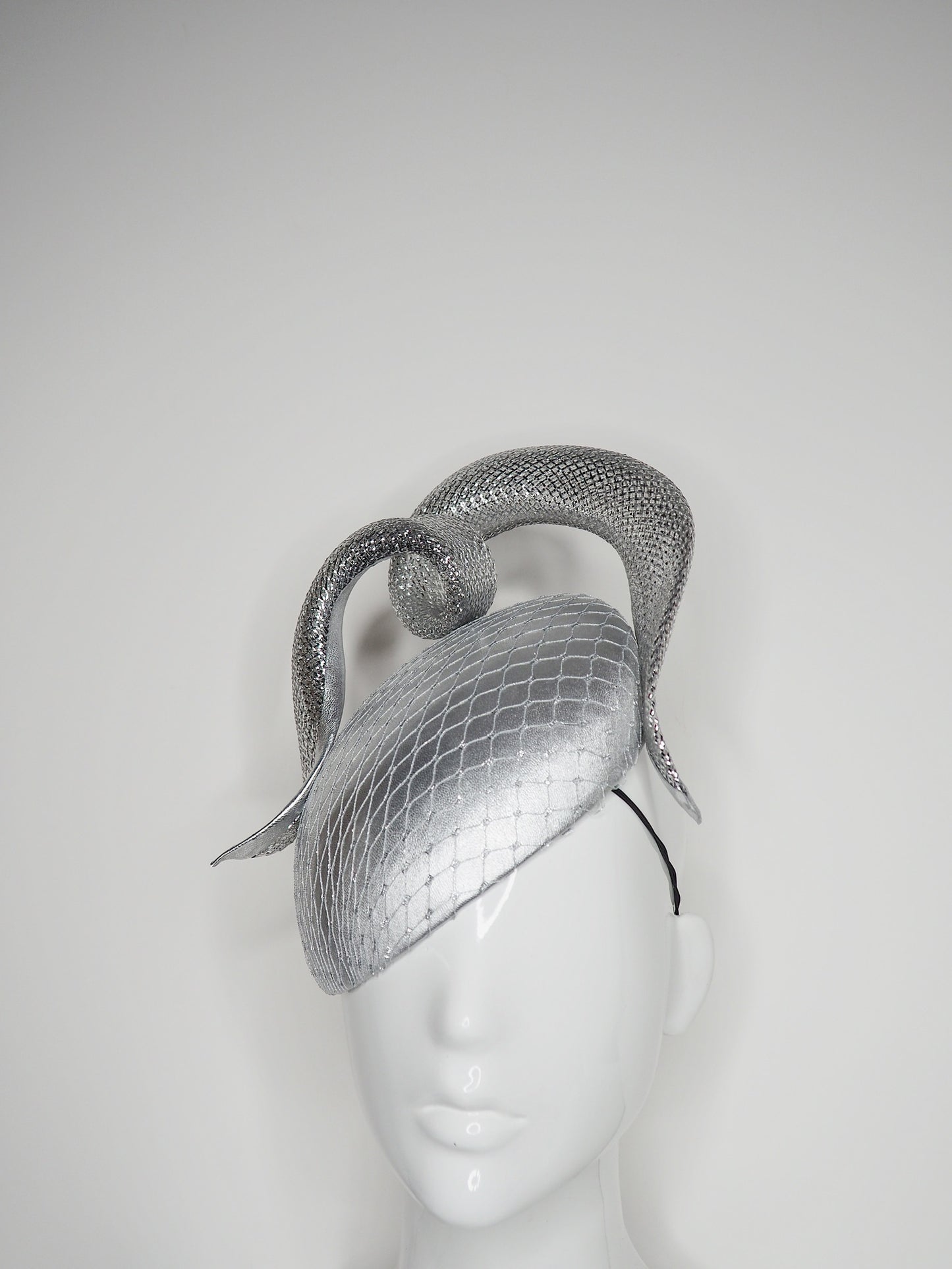 Silver siren - Silver leather facehugger beret with crinoline swirl and veiling detail