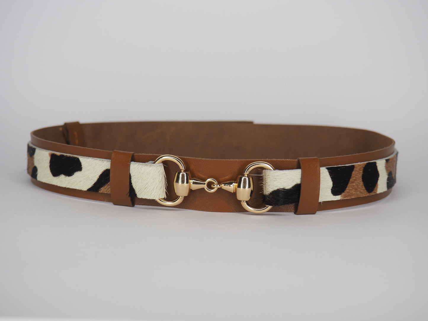 Adjustable Tan Leather Hat Band -Snow Leopard Print with Gold Horse Bit Hardware